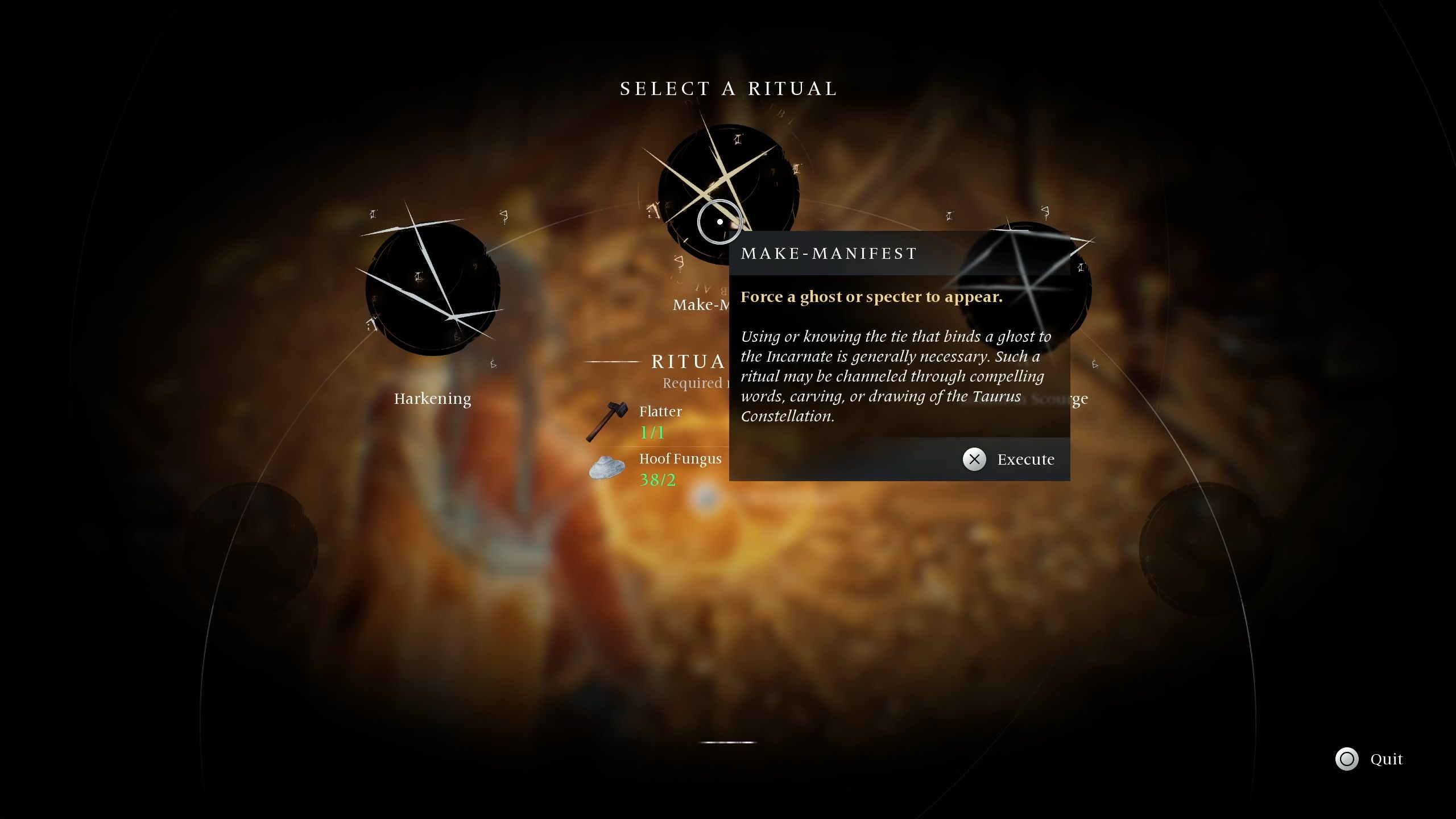 The ritual menu showing the Make-Manifest ritual - Banishers Ghosts of New Eden