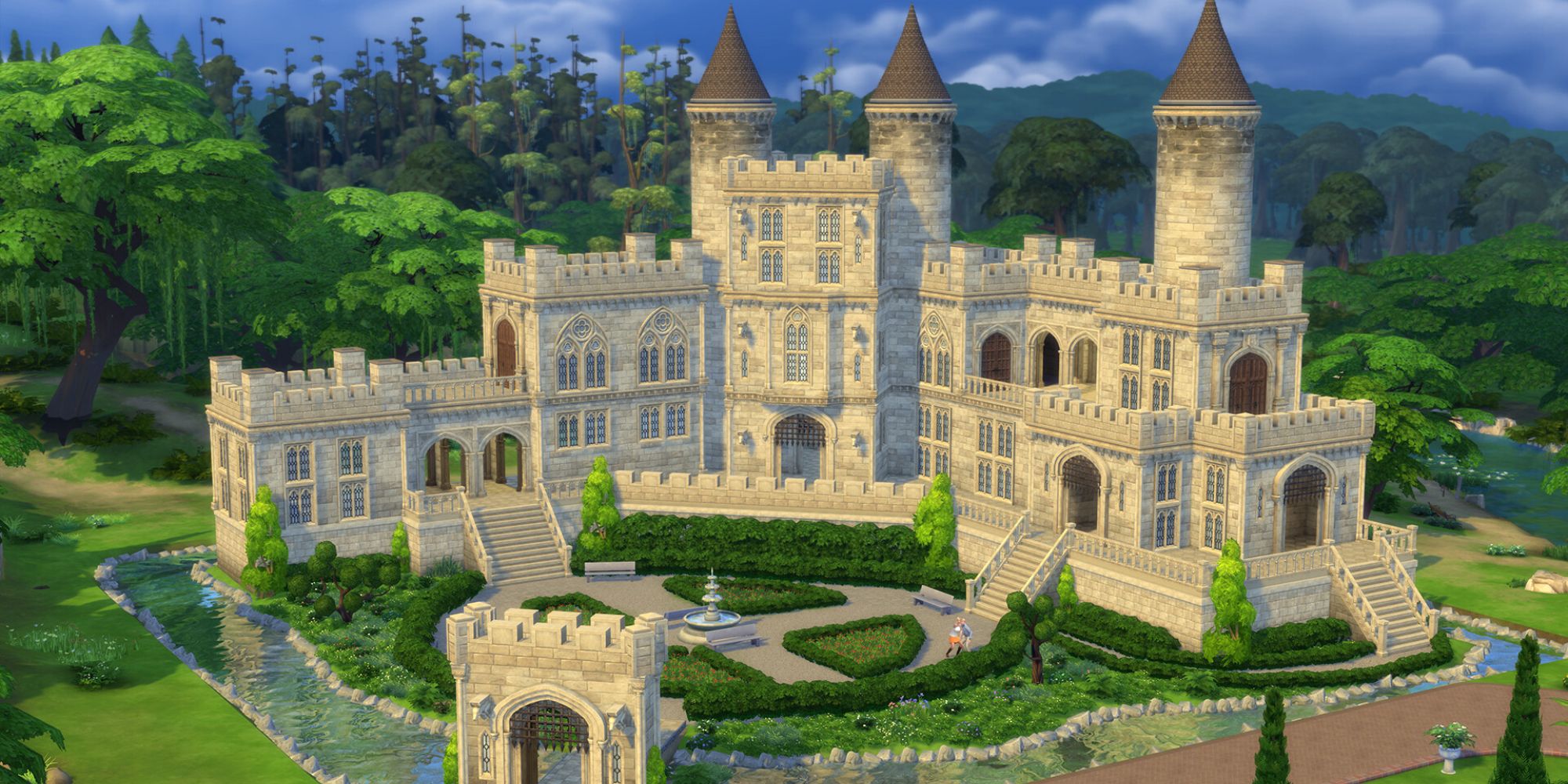 An image from The Sims 4 of a castle, built with the Castle Estate Kit. This build utilizes the new windows.