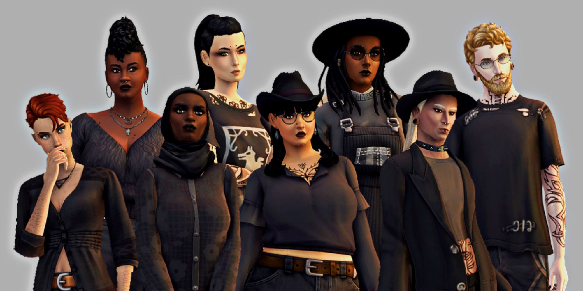 An image from The Sims 4 of a Custom Content Household called the Casual Goth Townies. This features eight sims in goth clothes. 