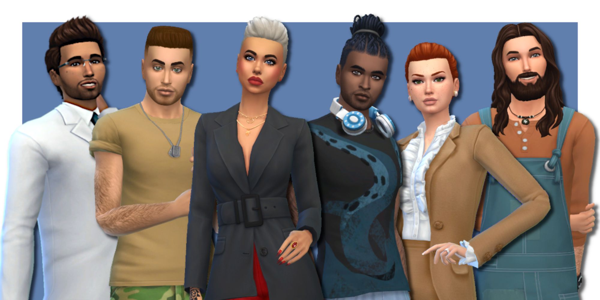An image from The Sims 4 of a  Custom Content Household named the Hare Square Crew. THis Household features six sims with their own interests, stories, and personalities. 