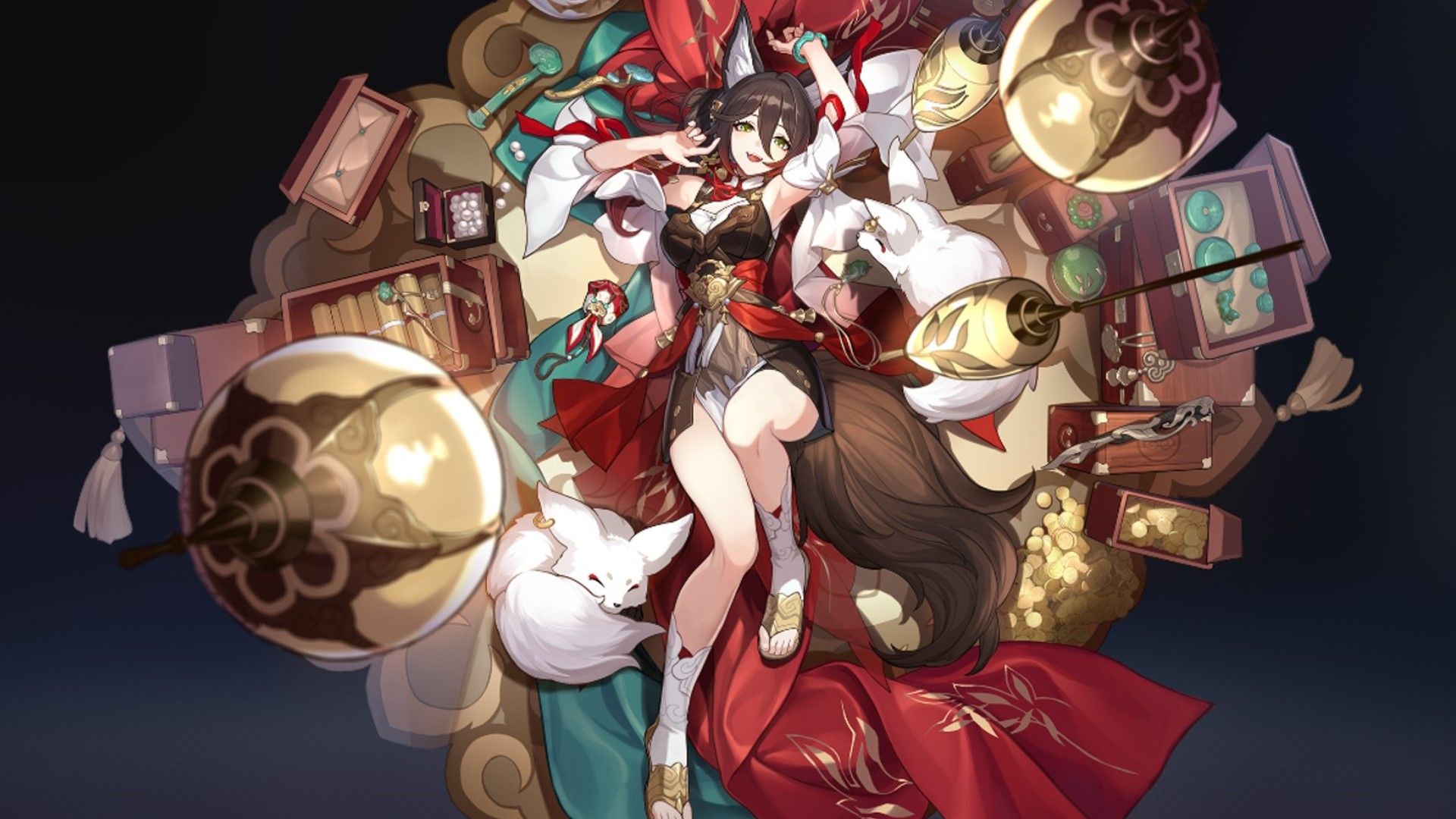 Honkai Star Rail's Tingyun lays on cloth as foxes lay next to her.