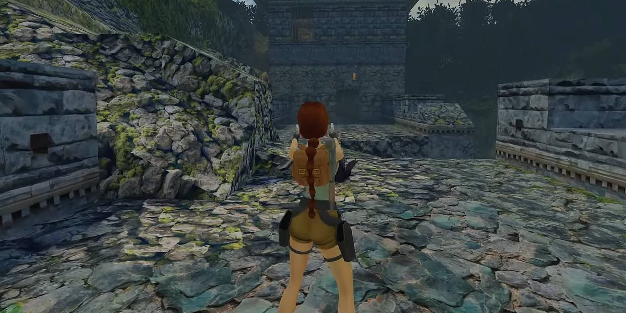 Lara Croft on The Great Wall Of China aiming her guns