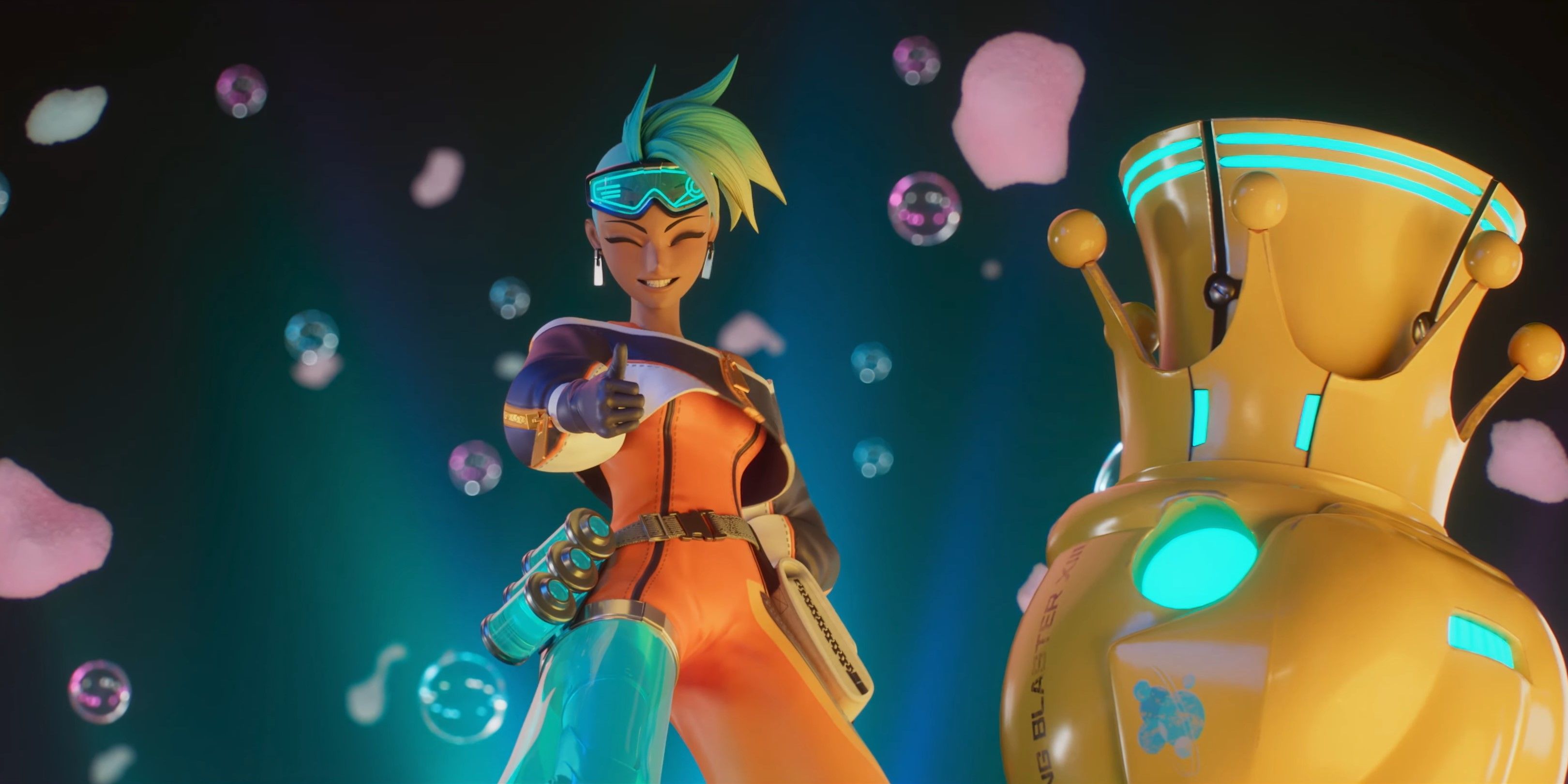 Tonix giving a thumbs up sign while alongside her ultimate King Blaster XIII in Foamstars