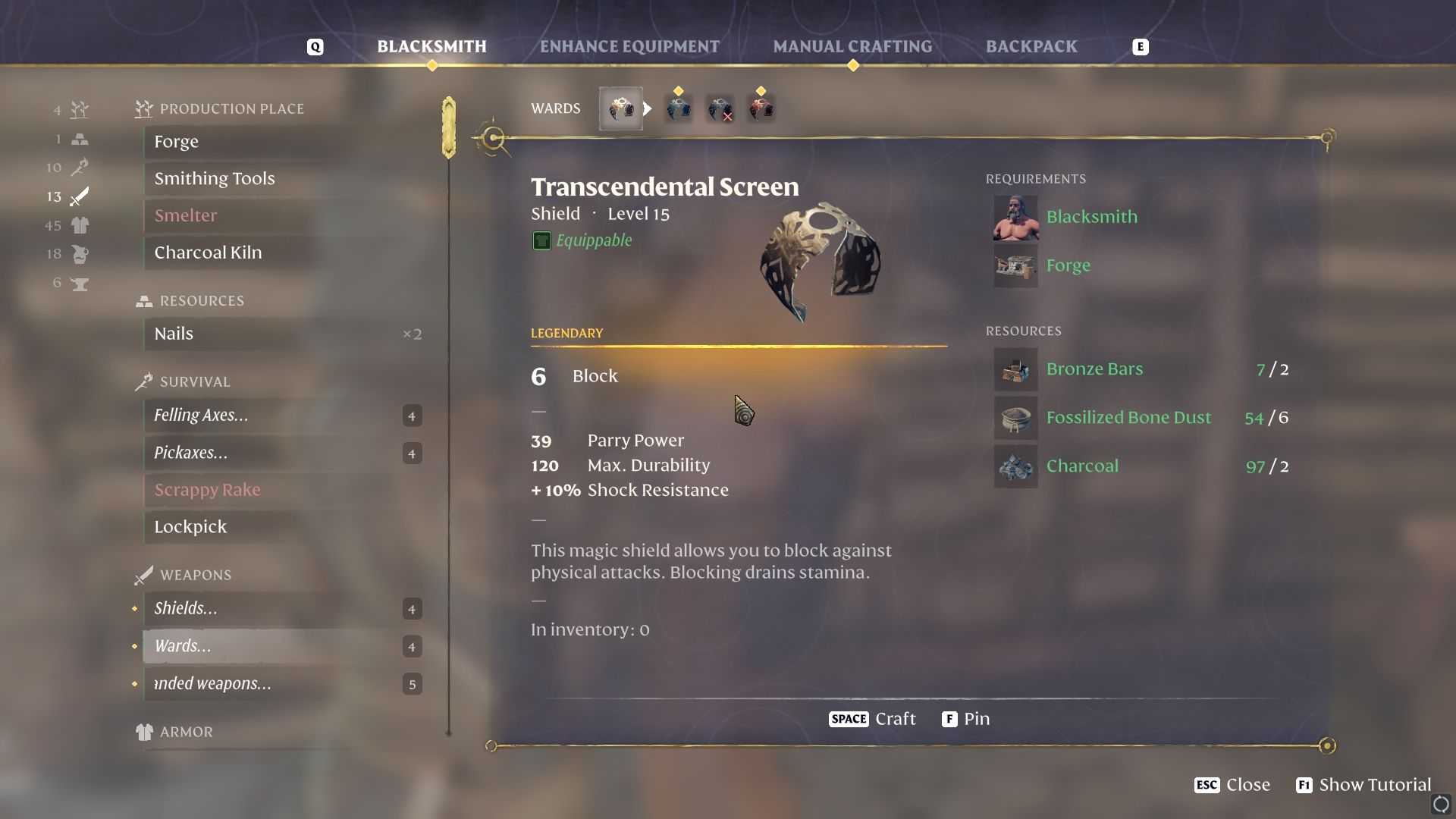 Transcendental Screen Ward craft from the Blacksmith