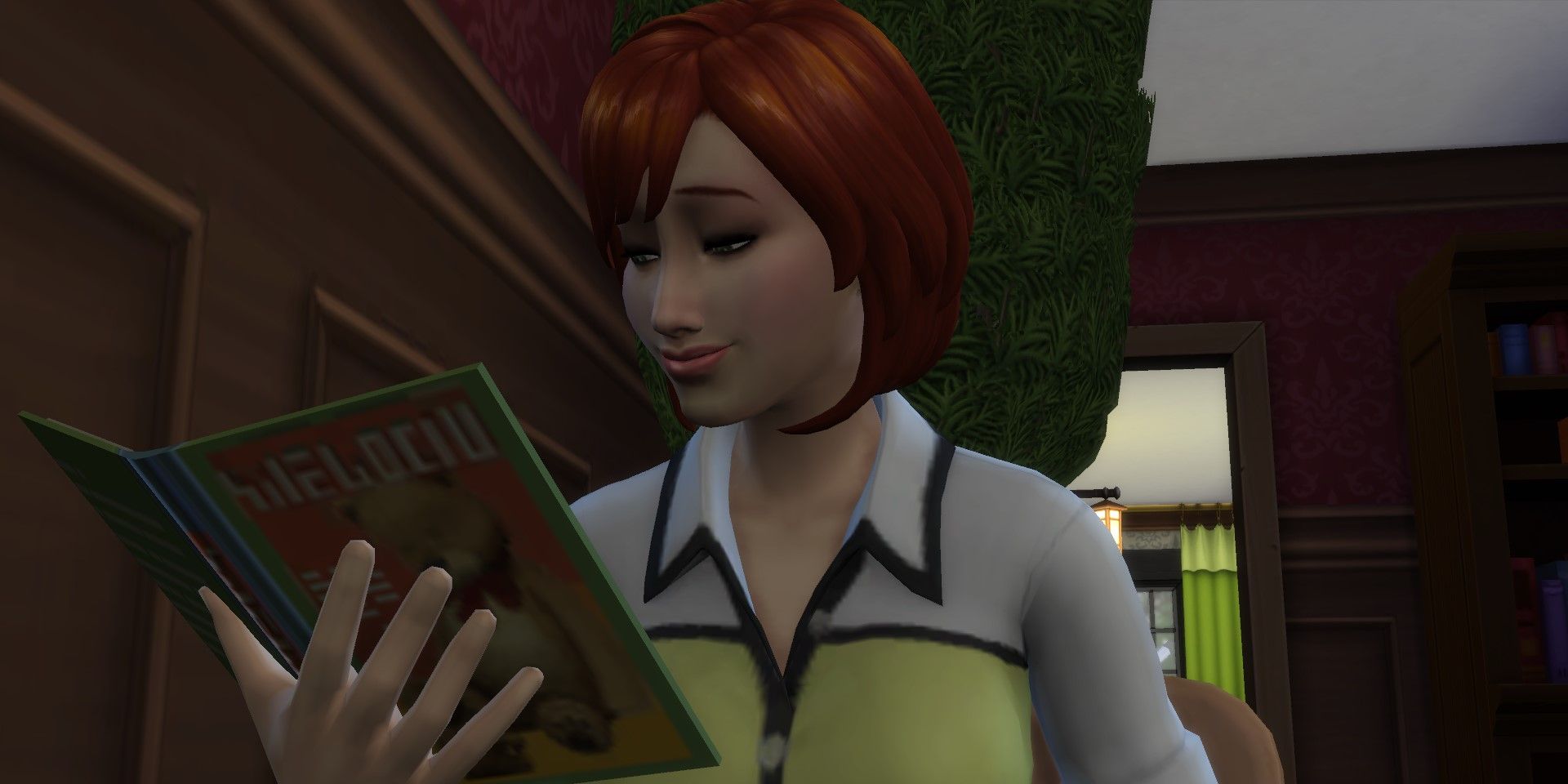 A female sim reads a parenting book.