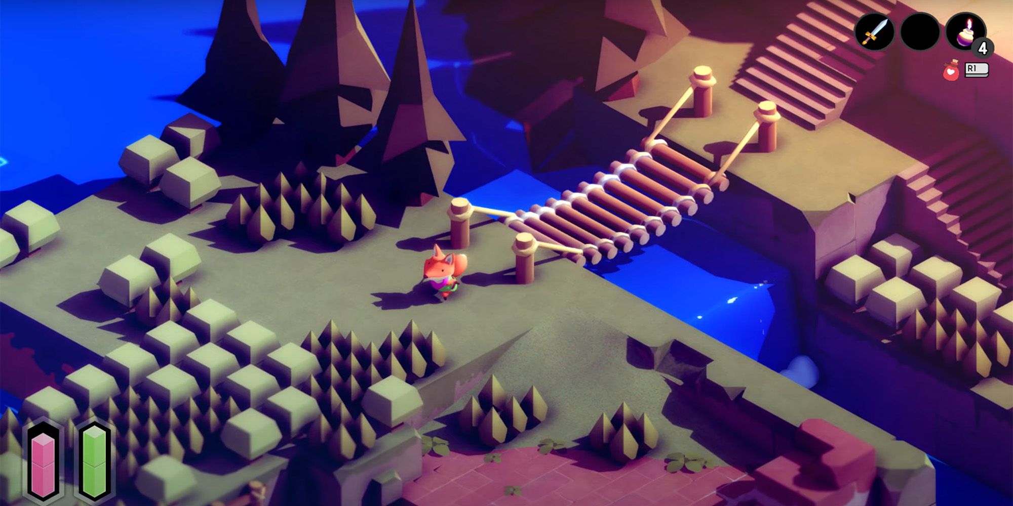 The fox crossing a bridge in Tunic