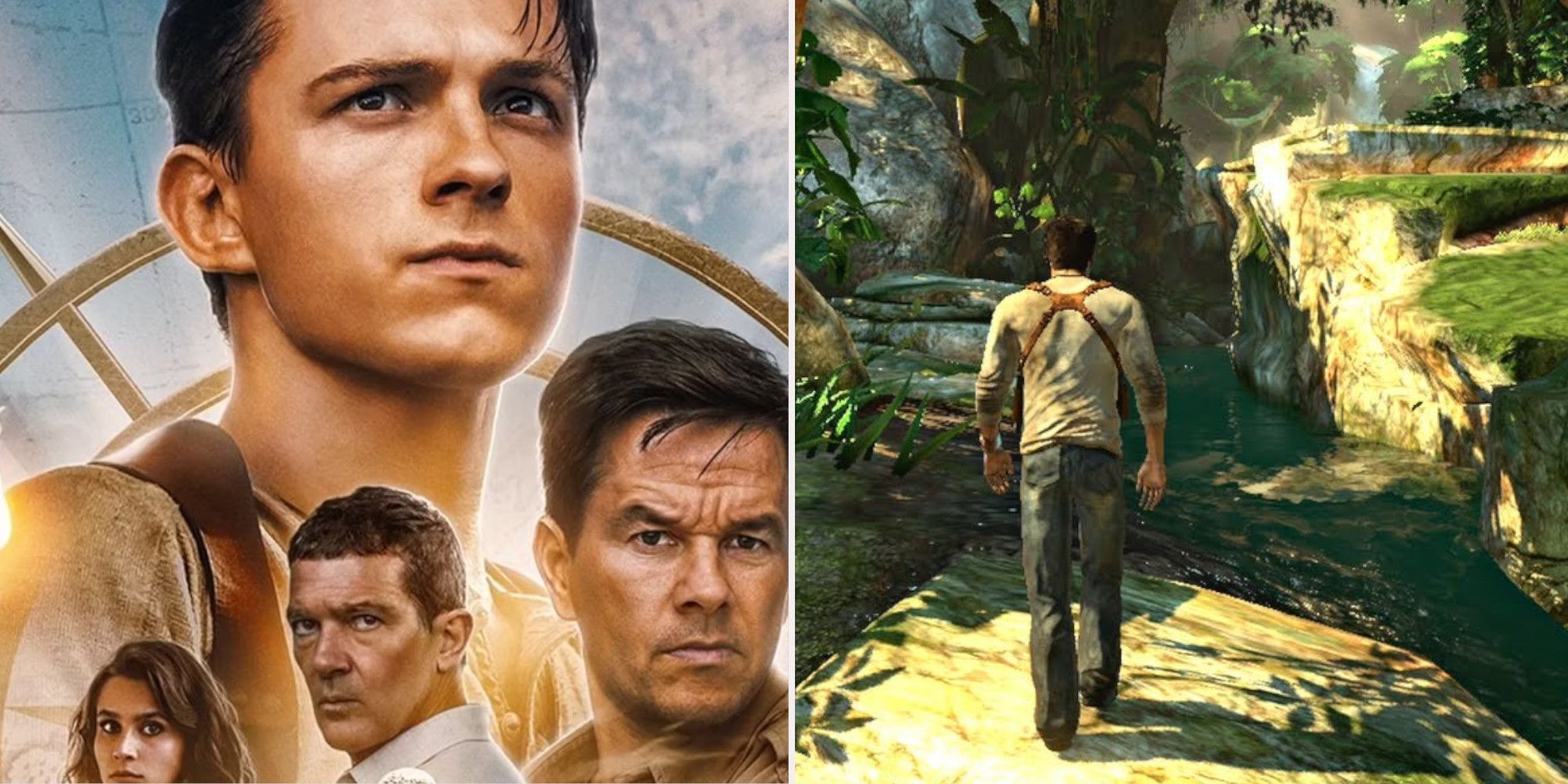 Uncharted poster with Tom Holland and case and Nathan Drake exploring jungle