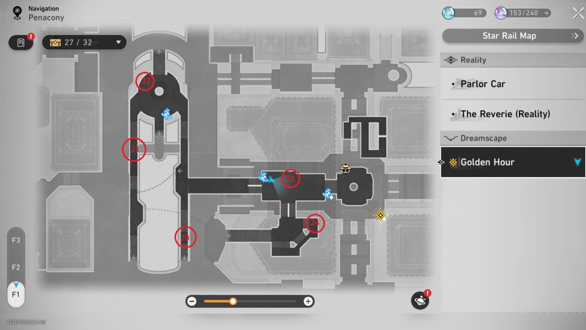 A map of treasure locations underground the Golden Hour in Honkai Star Rail.