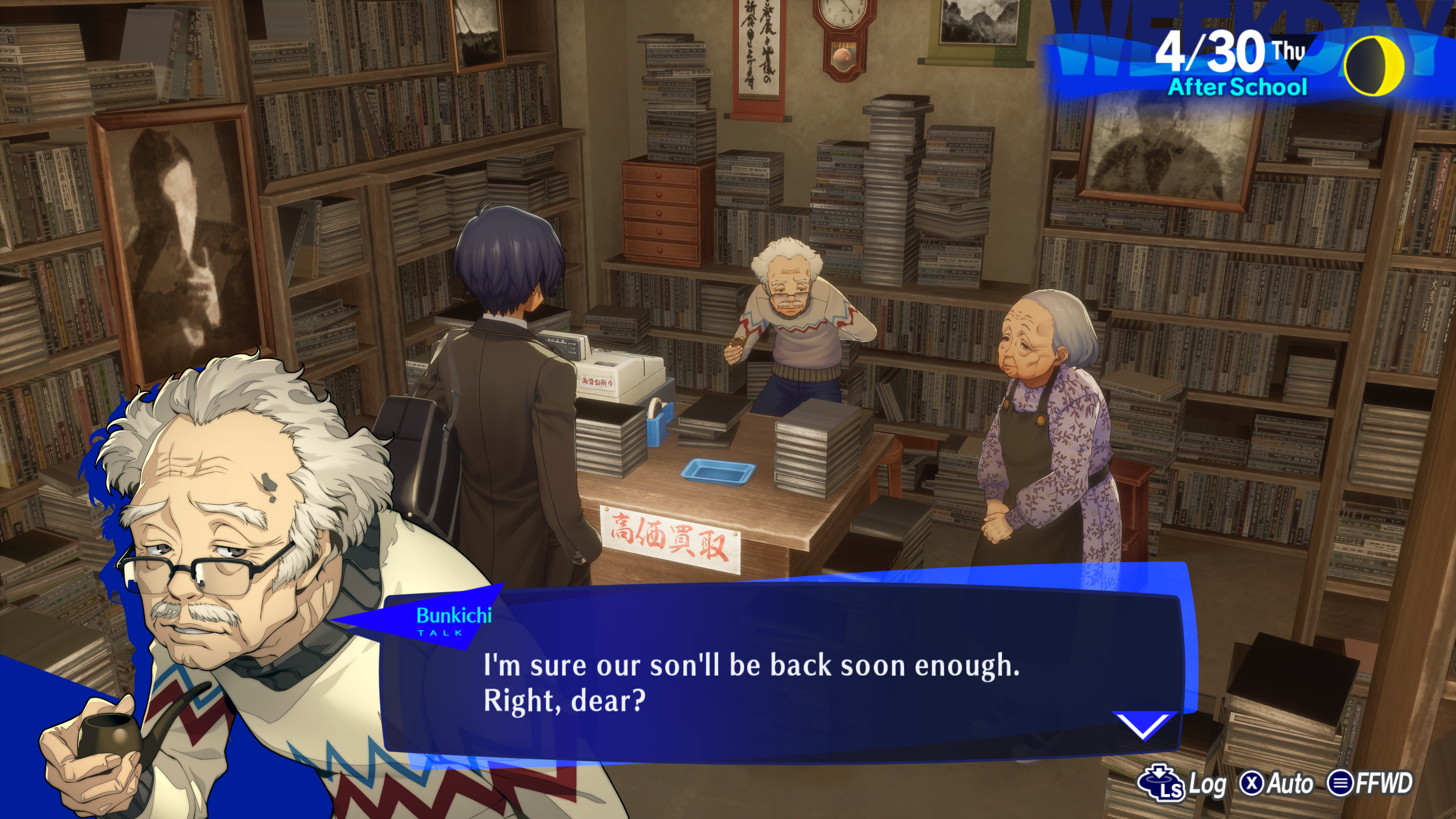 Bunkichi and Mitsuko speaking with Makoto at Bookworms