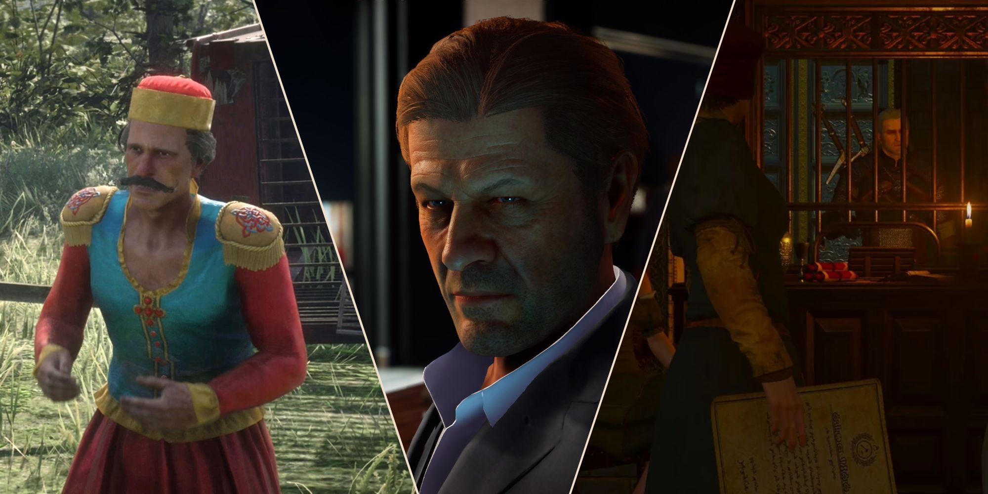 Split images of characters in Red Dead Redemption, Hitman 2, and The Witcher 3