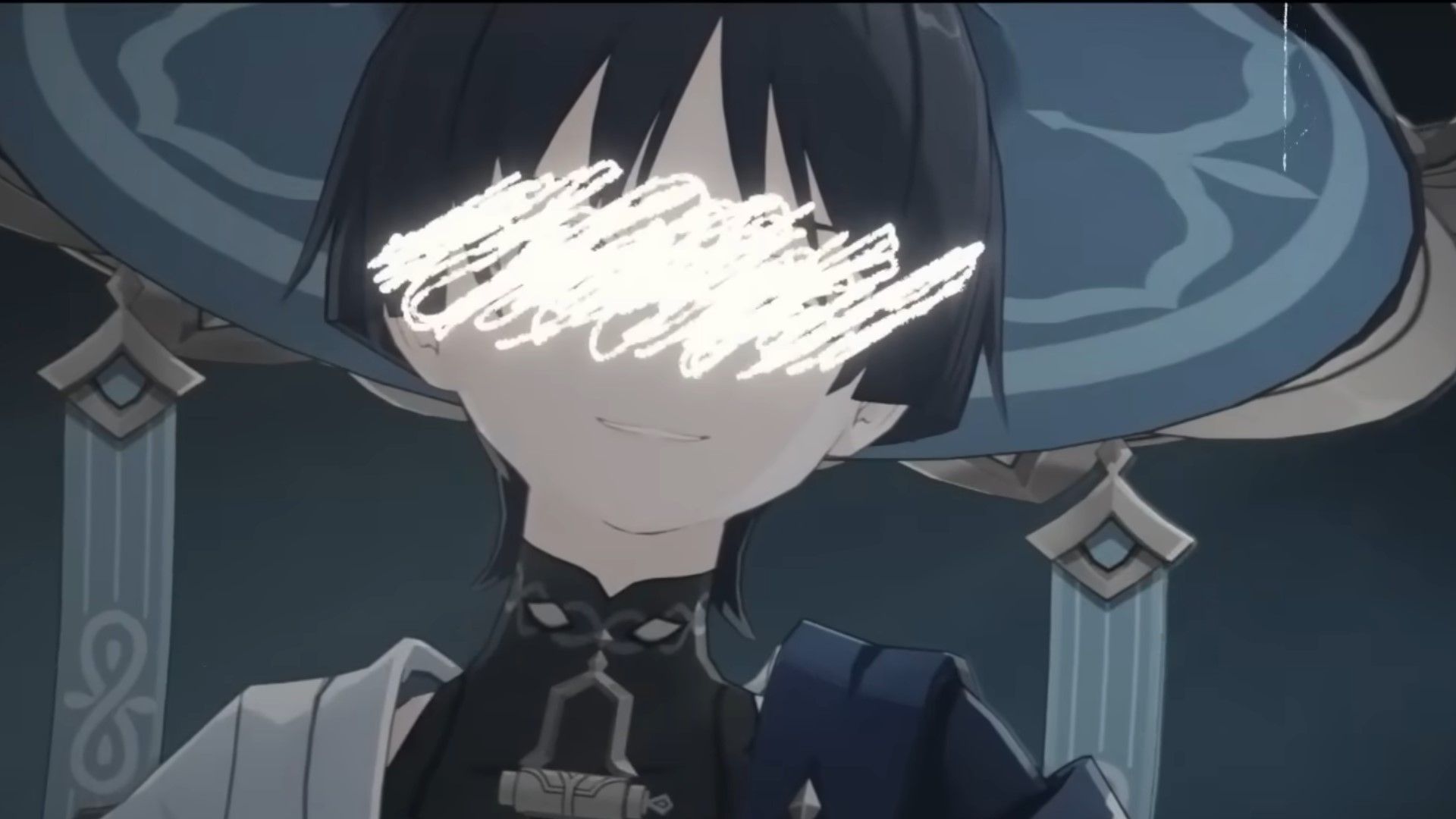 Genshin Impact's Wanderer (or Scaramouche) smiles menacingly as his eyes are crossed out.