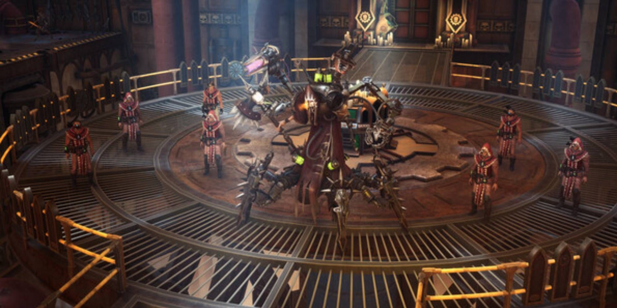 A group of Adeptus Mechanicus standing in a hall in Rogue Trader.