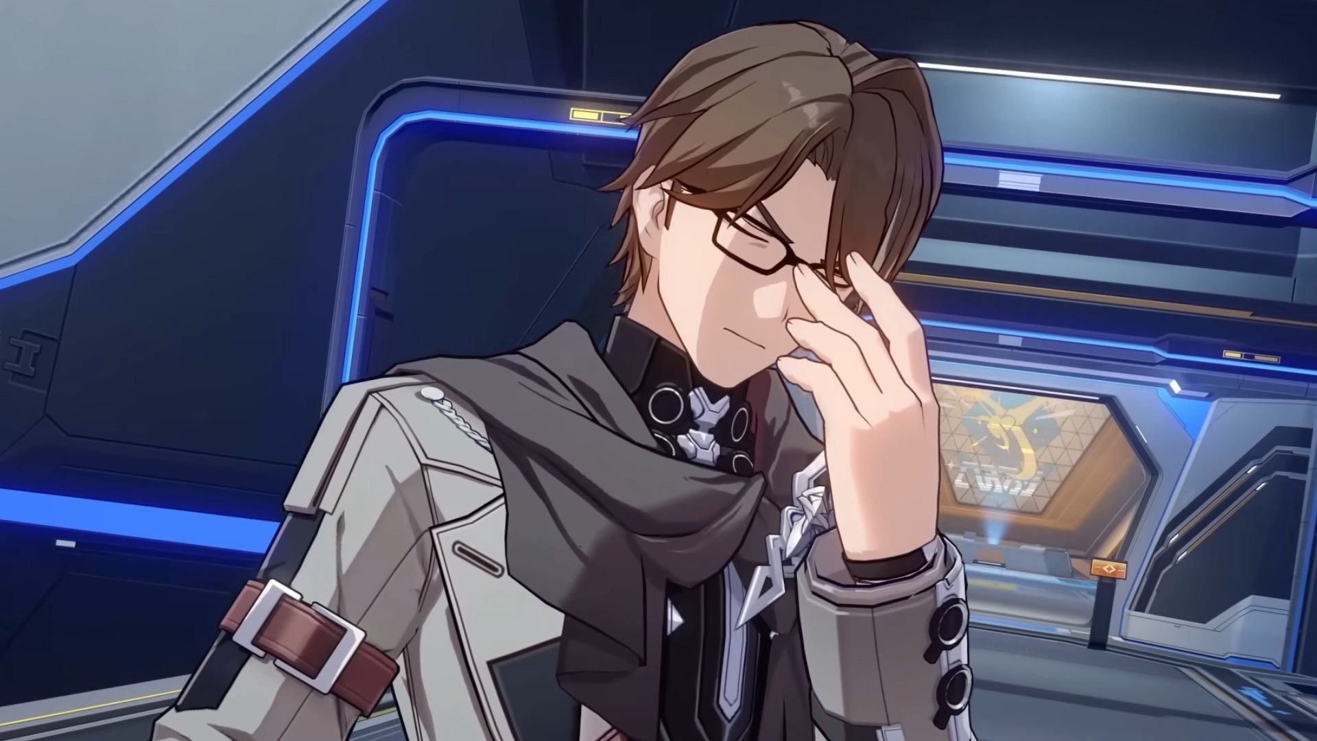 Honkai Star Rail's Welt pinches the bridge of his nose.