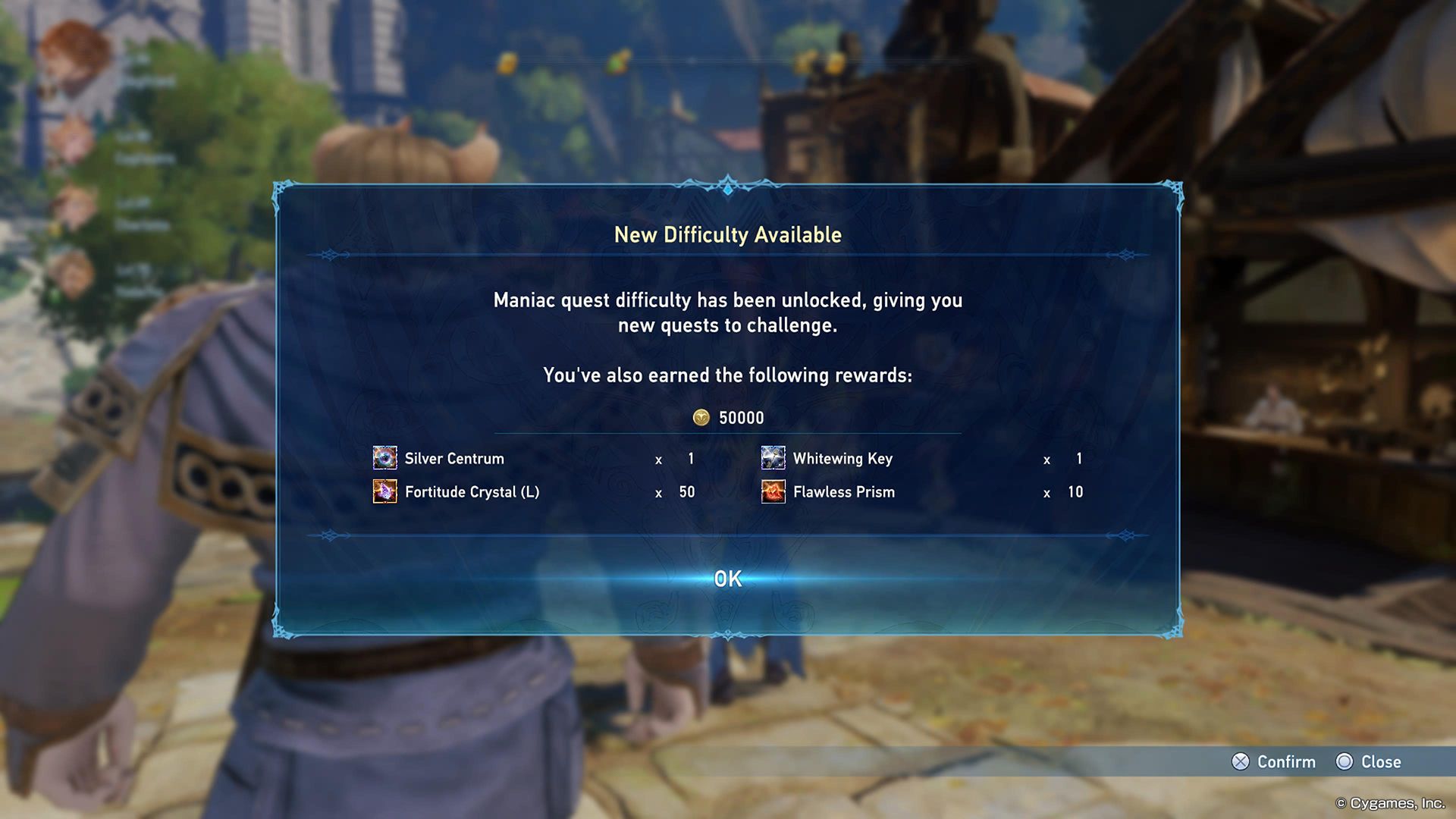 popup explaining that maniac quest difficulty is unlocked, with the whitewing key as a reward