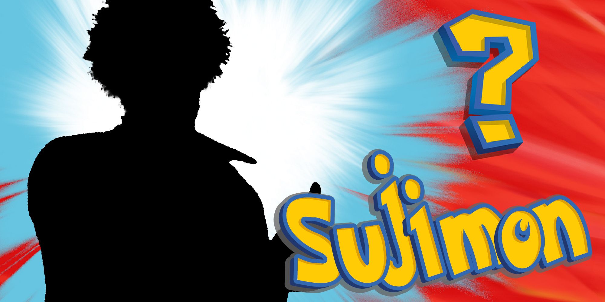 A black silhouette of Ichiban Kasuga against a red and blue background like in