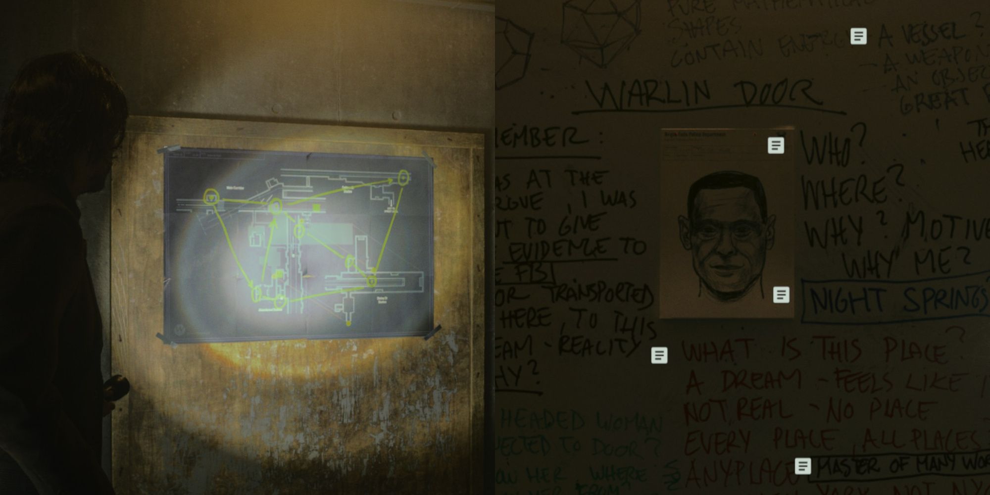 A picture of a map a Dark Place region annotated by Breaker (left), Breaker's evolving conspiracy board with a sketch of Mr. Door at the center (right)