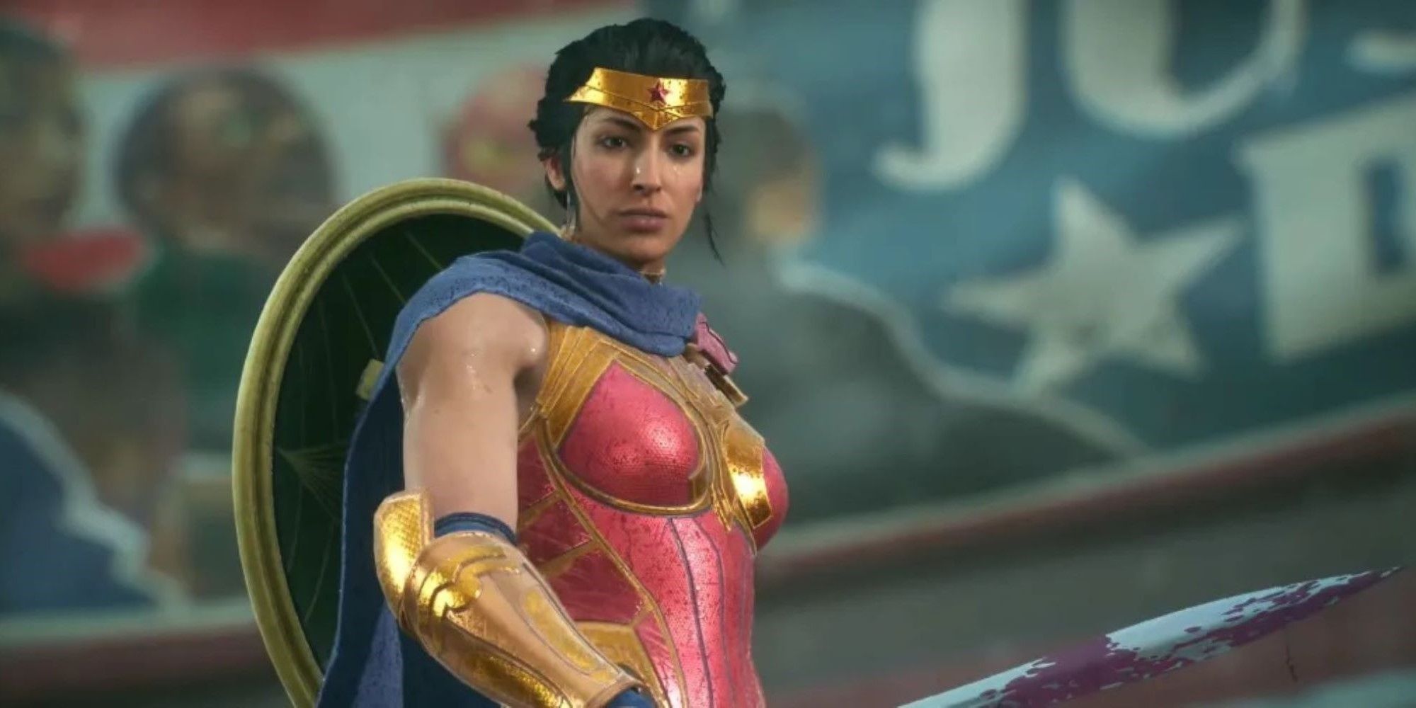 Wonder Woman with a raised sword in Kill the Justice League