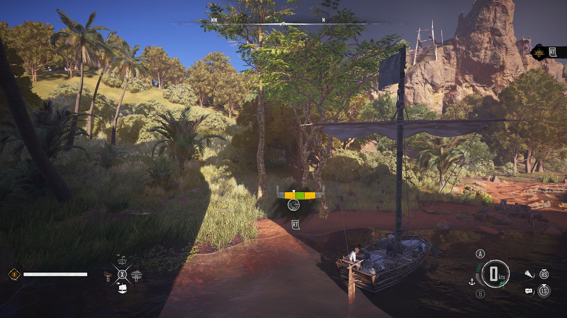 A player using a Saw to harvest Acacia wood on the coast of Sainte-Anne in Skull and Bones.