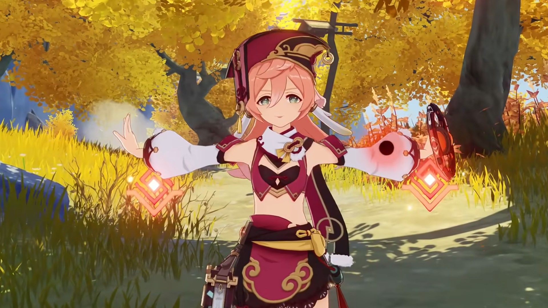 Yanfei has her arms spread as she creates Scarlet Seals in Genshin Impact.