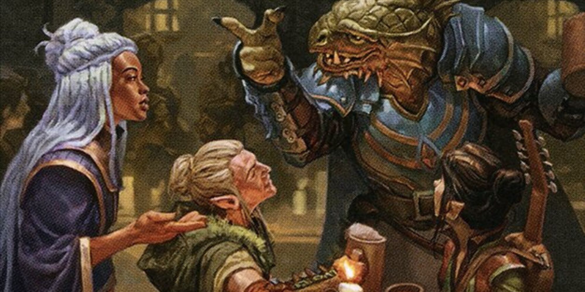 Art of a group of adventurers discussing plans in a tavern