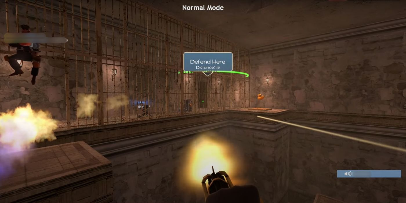 A player firing their large minigun towards a point the team needs to defend.