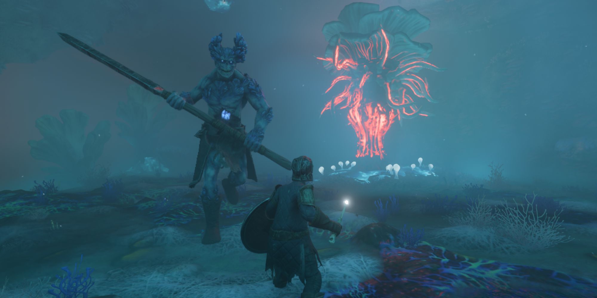 Fell Thunderbrute charges toward the Flameborn with a Shroud Root glowing in the back