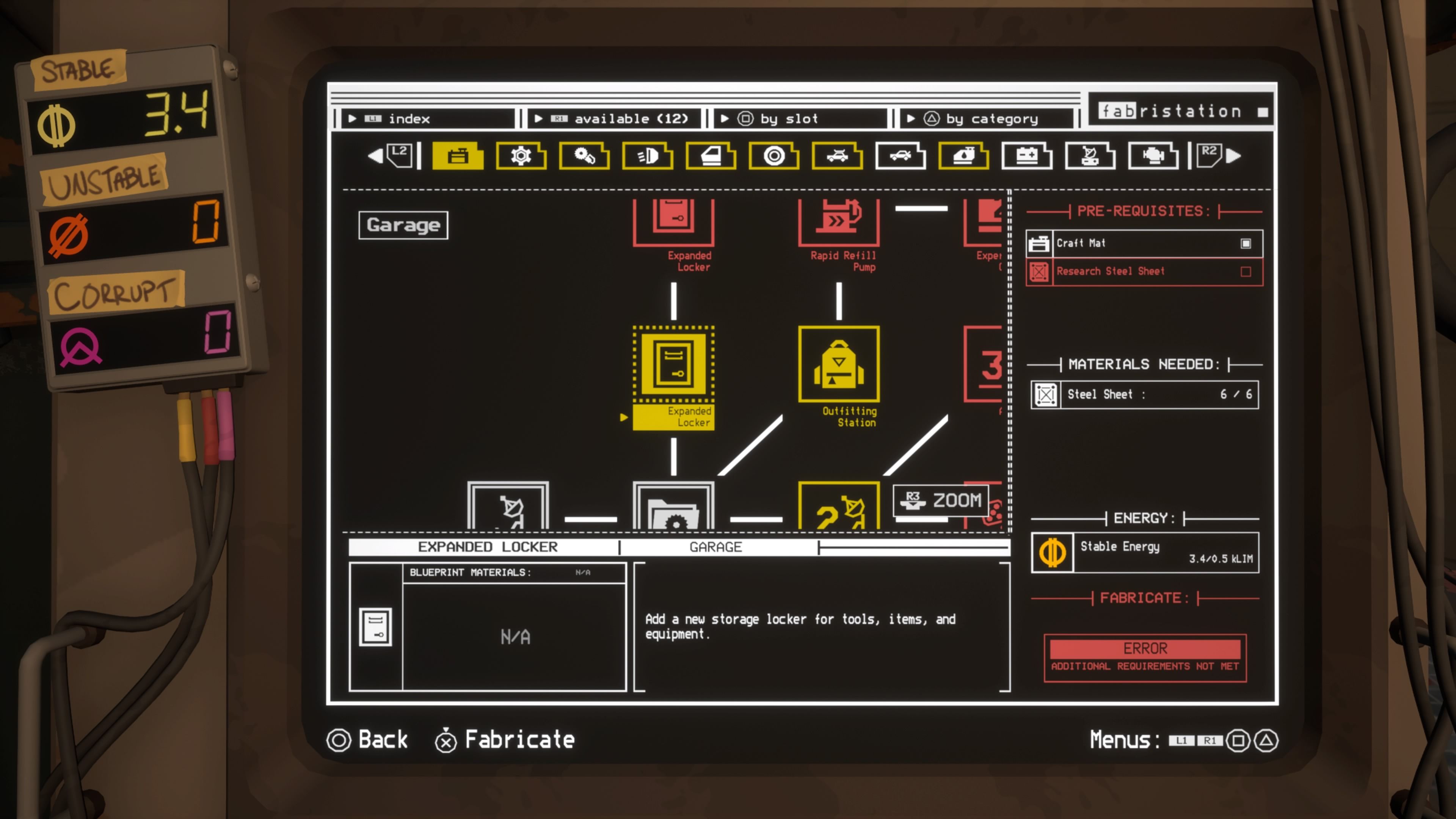 Fabrication Station menu showing the upgrade chain for storage lockers in Pacific Drive.