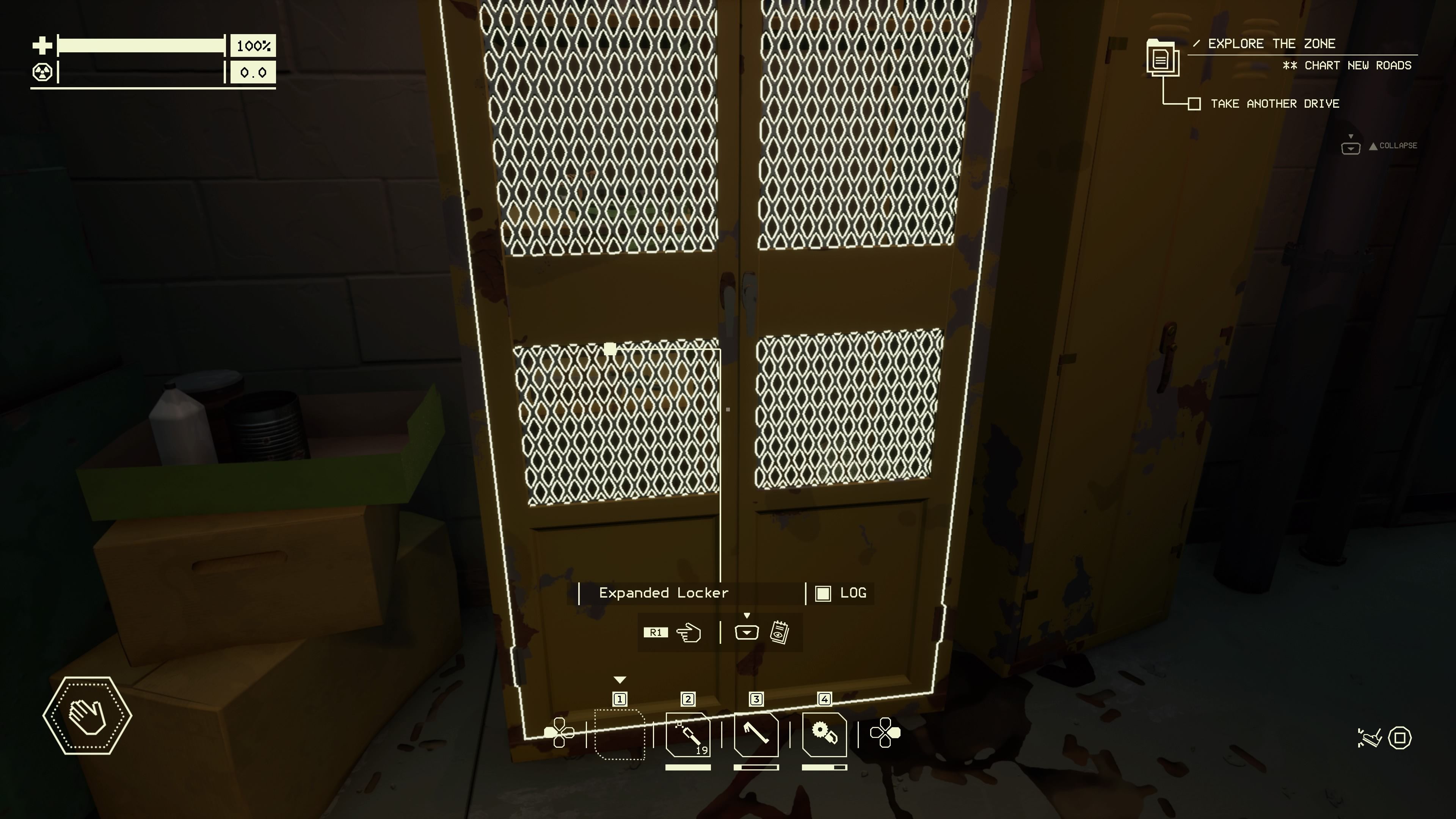 Player character looking at an Expanded Storage Locker placed next to a regular storage Locker in Pacific Drive.