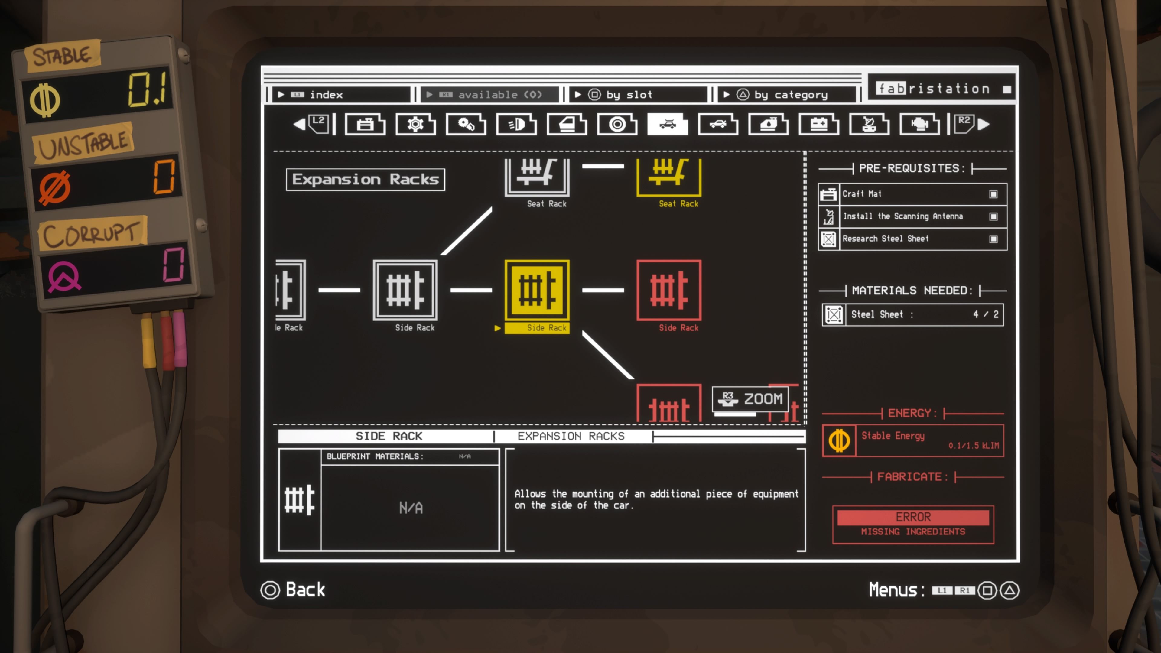 Fabrication Station menu showing the Expansion Rack upgrade chain with several already unlocked in Pacific Drive.