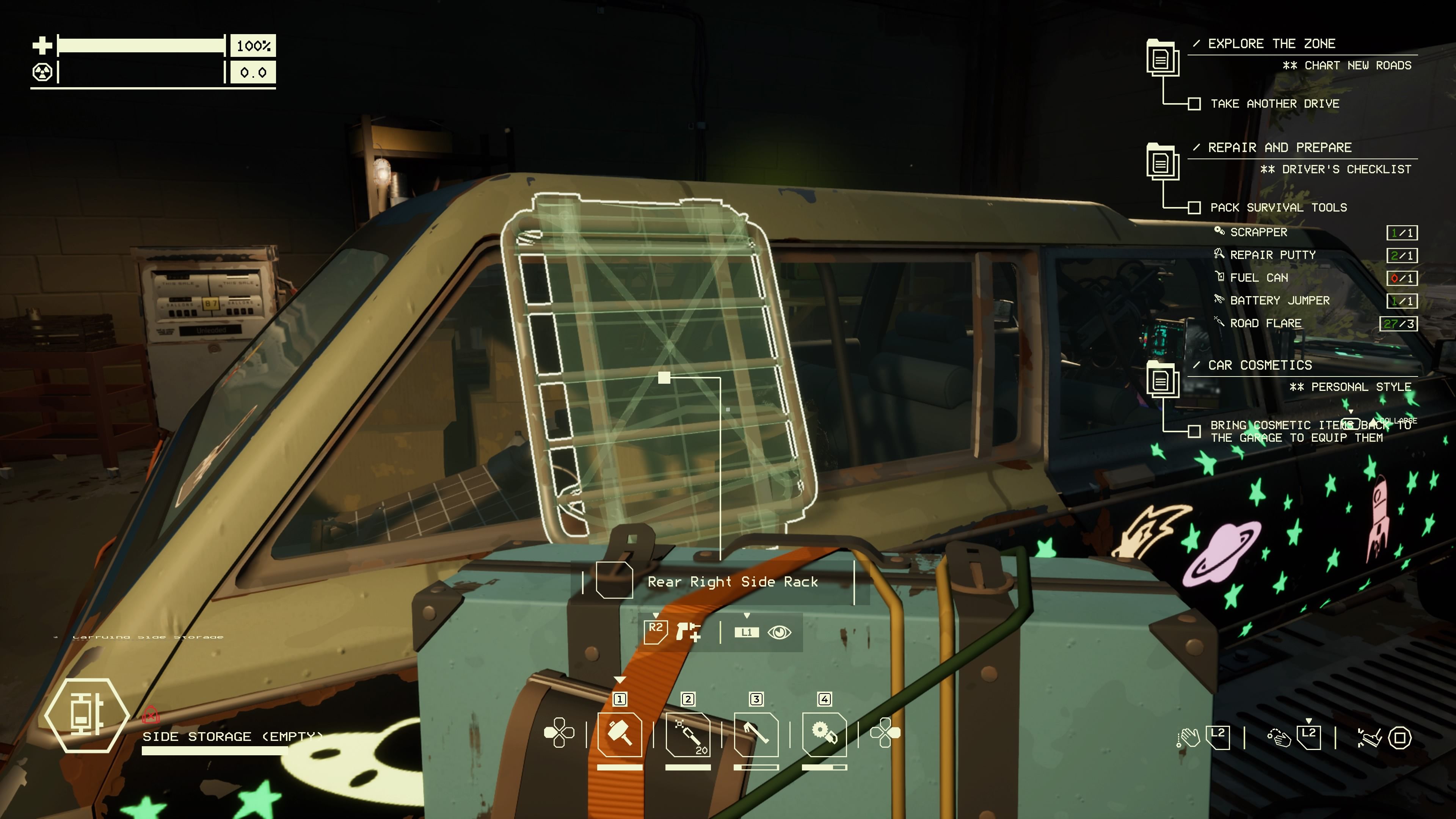 Player character holding a Side Storage attachment and planning to place it on a Side Rack in Pacific Drive.