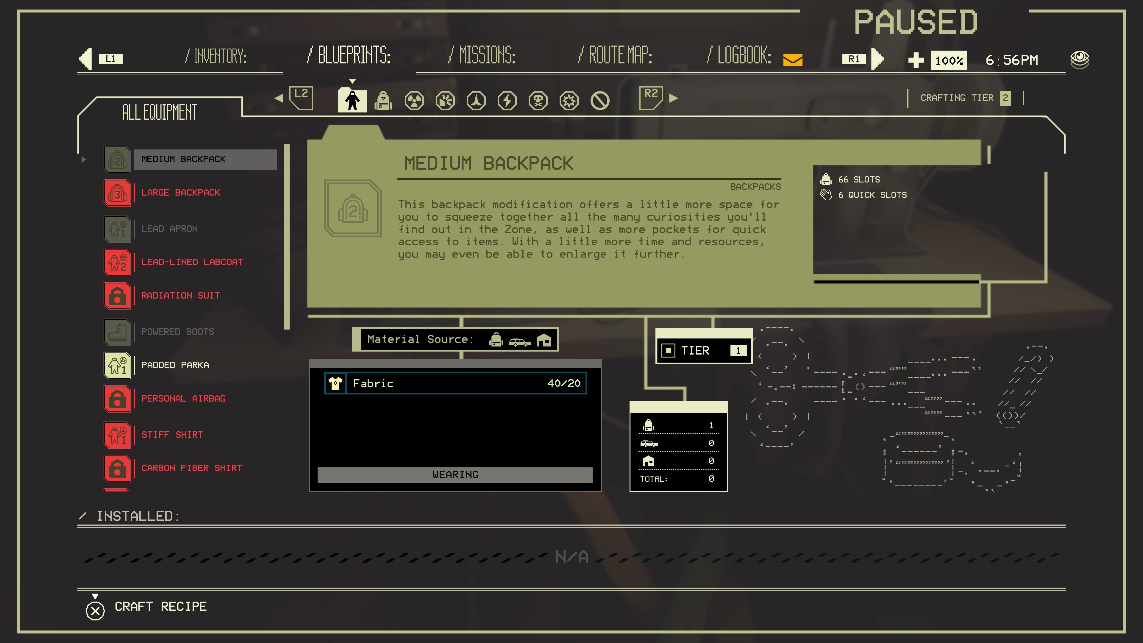 Outfitting Station crafting menu showing the crafting recipe for a Medium Backpack in Pacific Drive. 