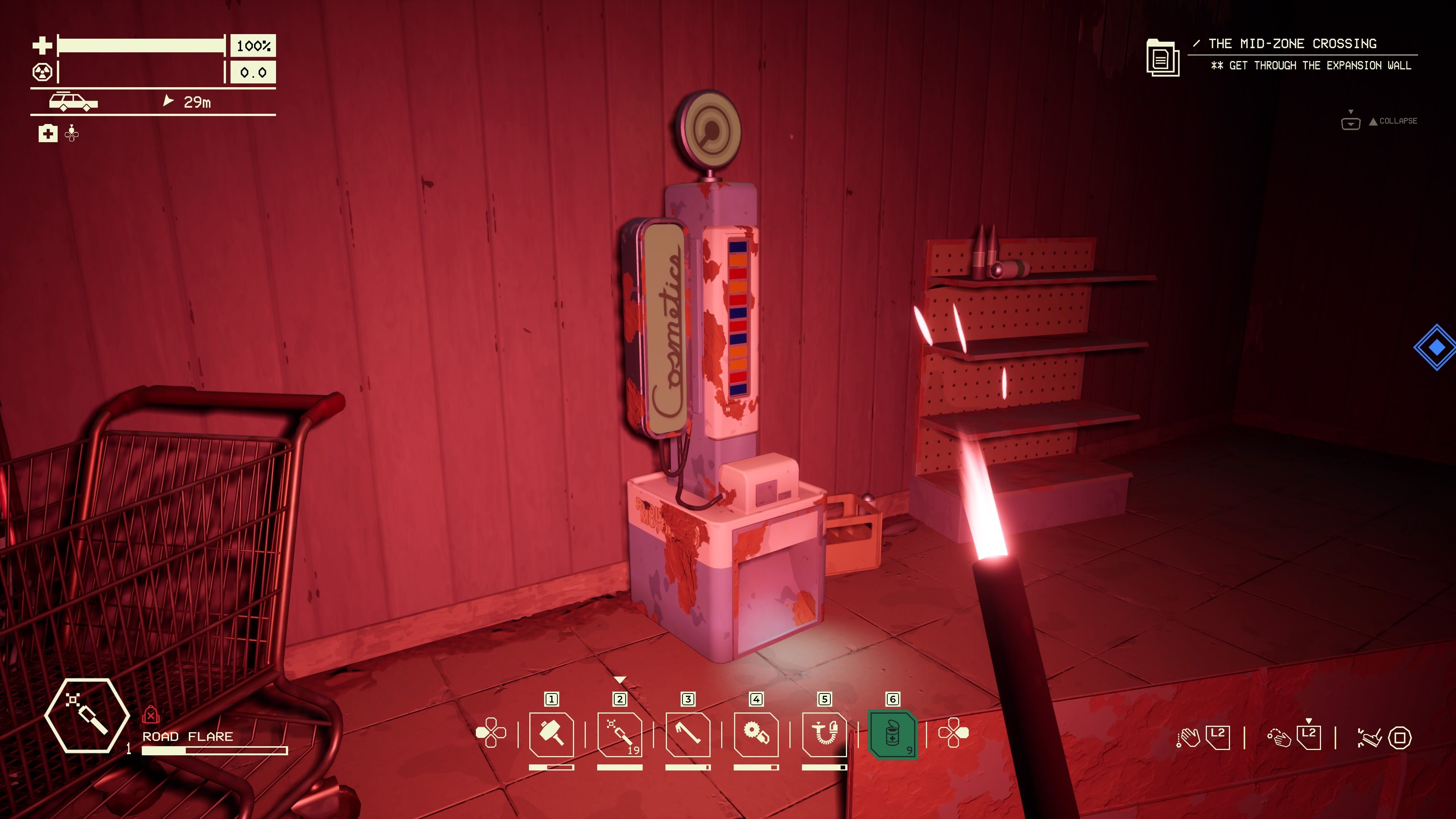 Player character holding a lit Road Flare and looking at a Deco-Vend machine in a gas station in Pacific Drive.