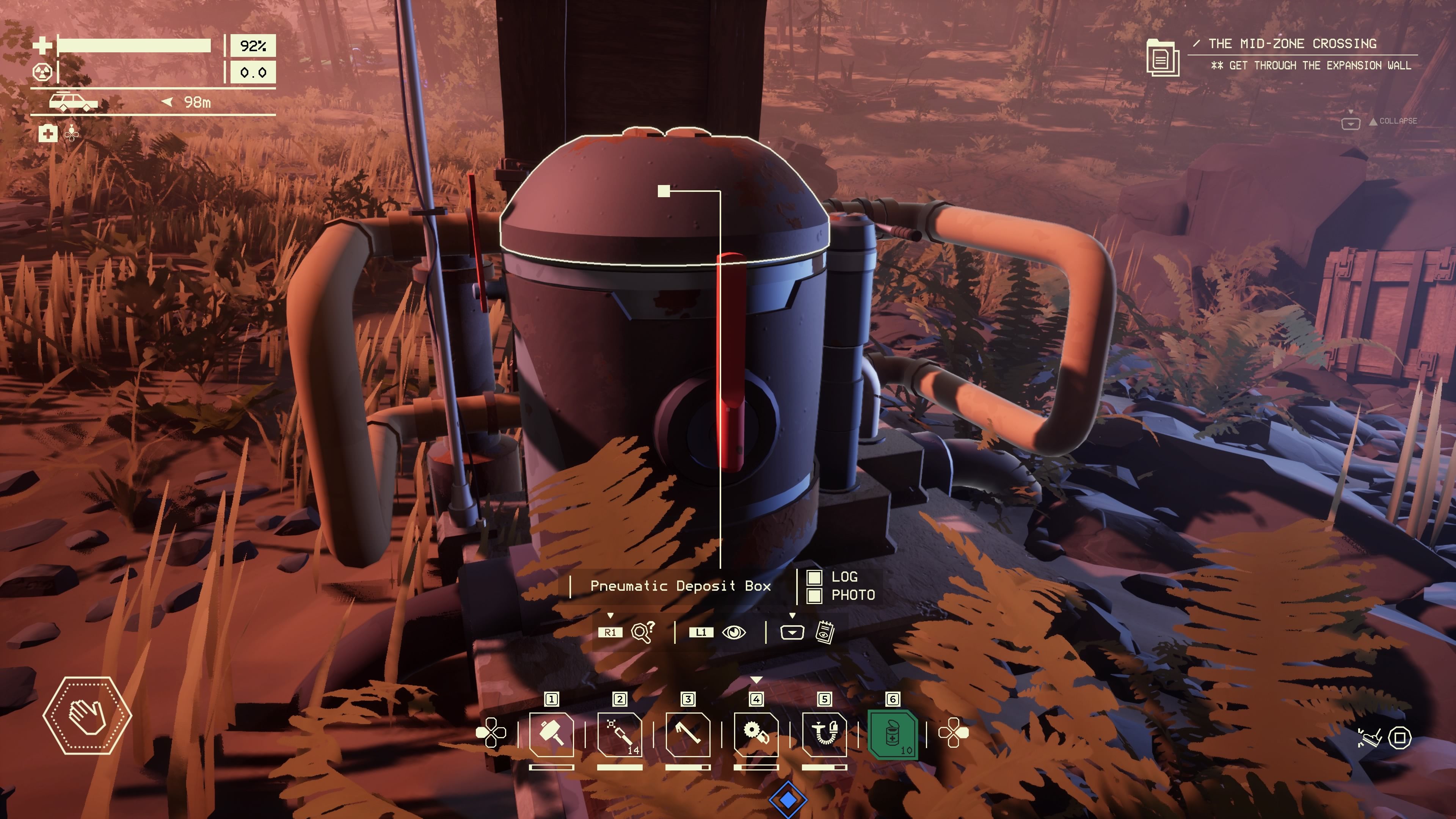 Player character looking at a previously logged Pneumatic Deposit Box in a blistering forest area in Pacific Drive.