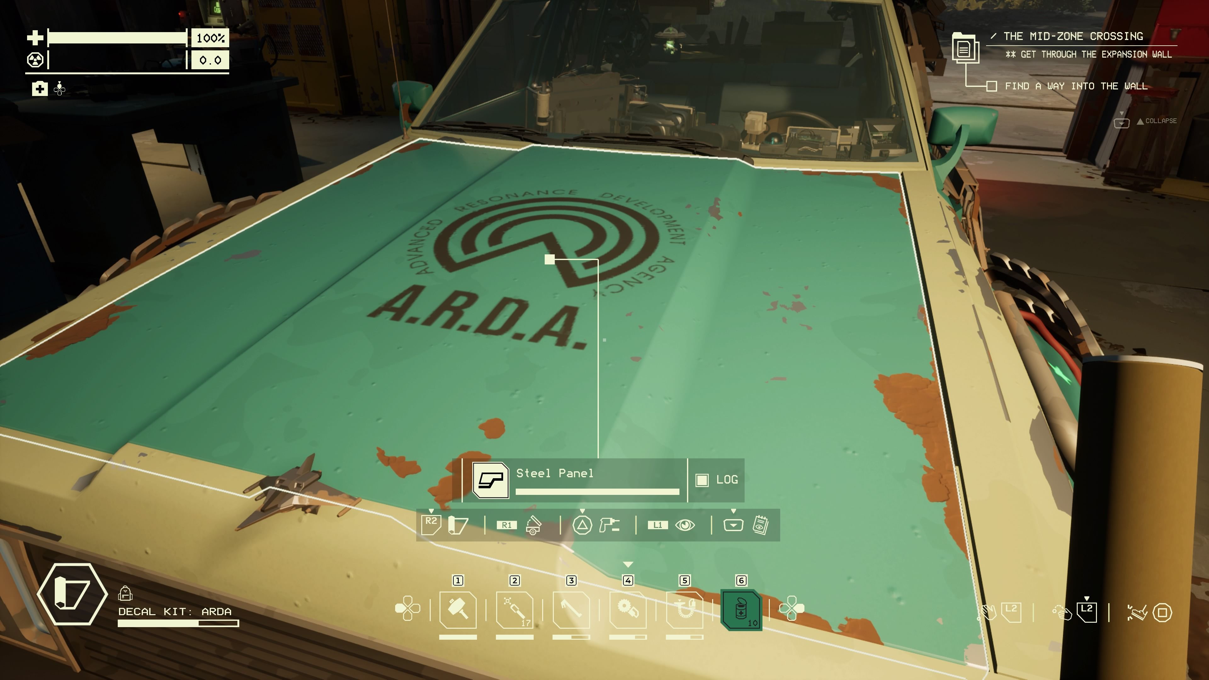 Player character holding a Decal Kit and applying it to the front panel of their car in Pacific Drive.