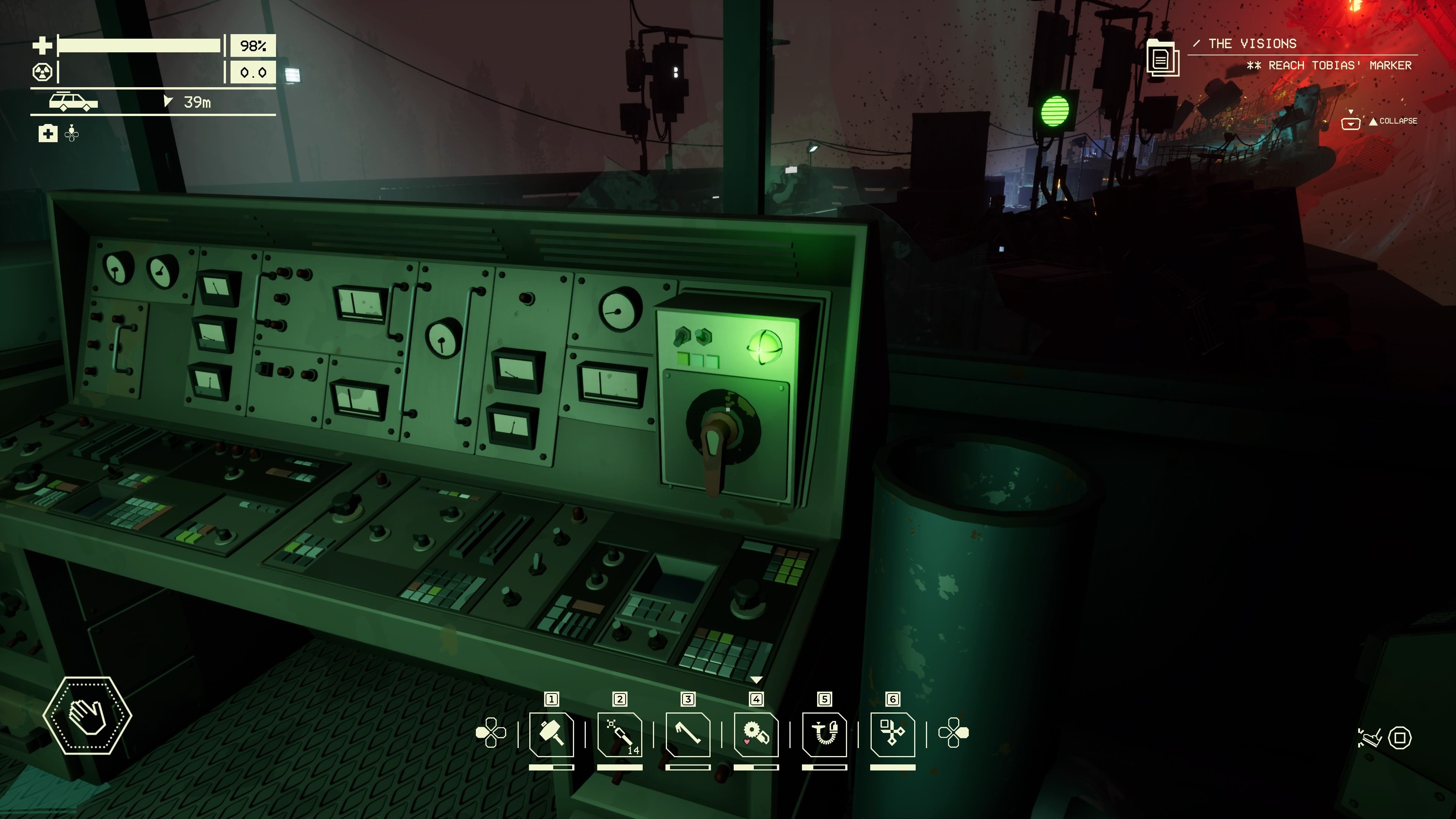Player character standing in front of a control panel for a nearby gate by Cappy's in Pacific Drive.