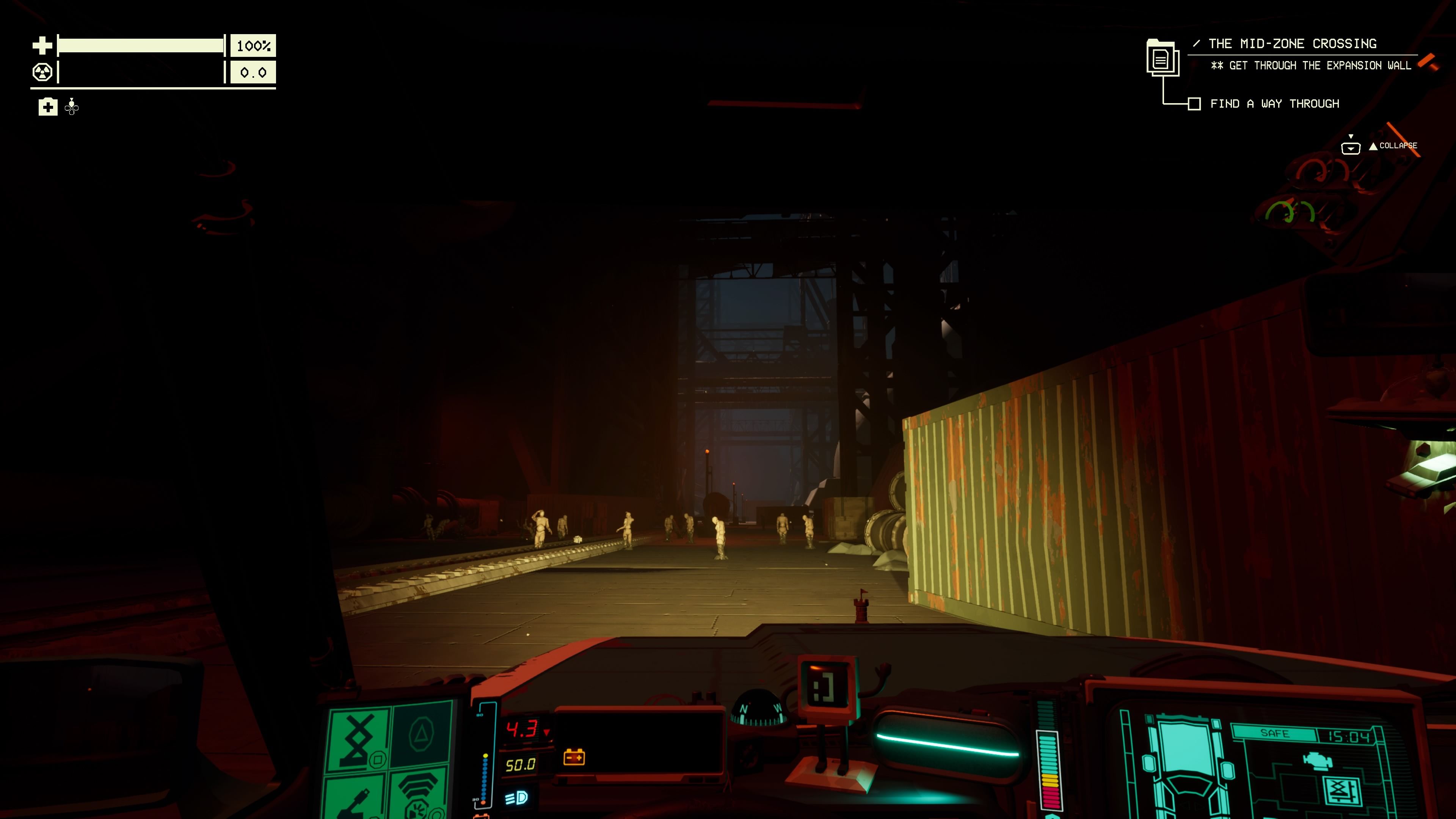 Player character in their car with the headlights on and pausing in an area inside the wall with lampposts with red lights in Pacific Drive.