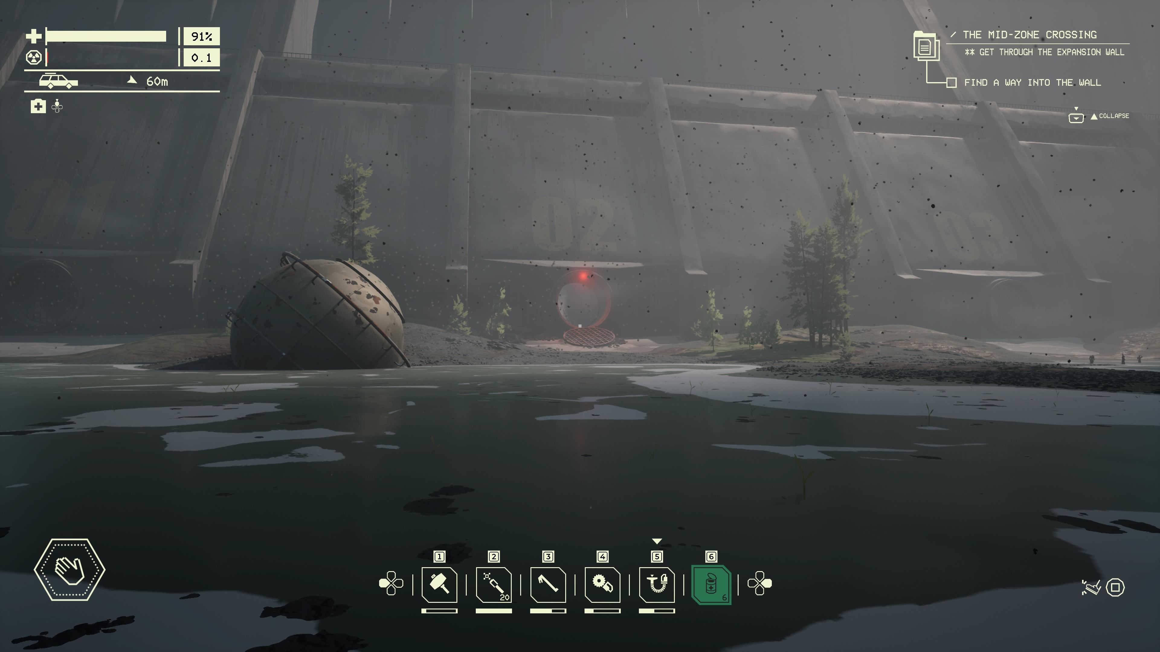 Player character in their car and approaching an open pipe entrance into the Wall to the Mid-Zone in Pacific Drive.