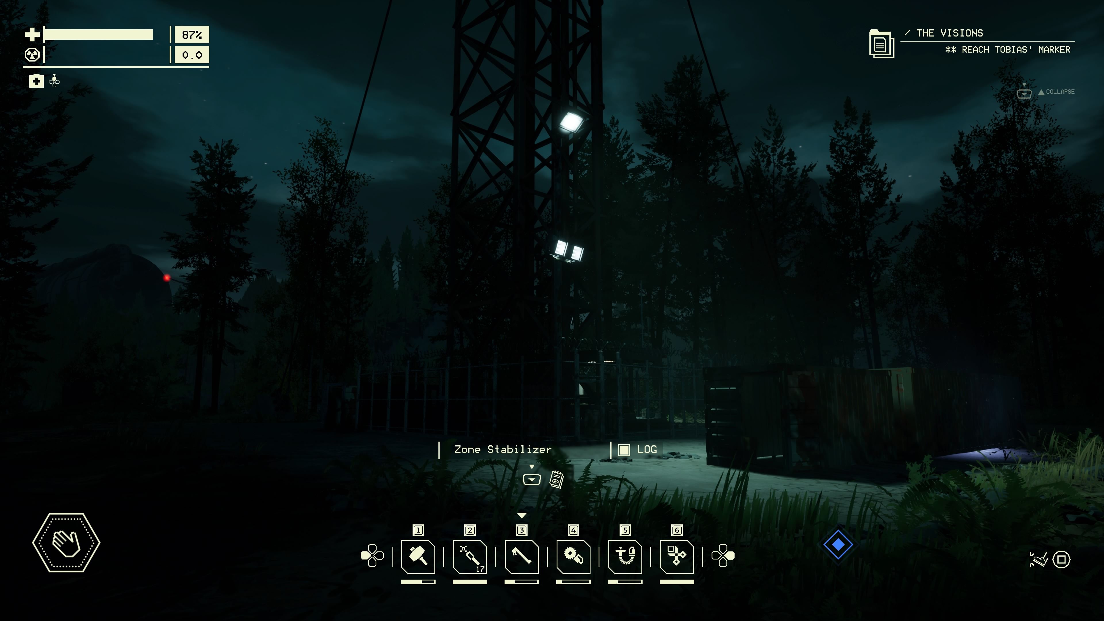 Player character standing outside one of the Zone Stabilizer towers in E5 Junction in Pacific Drive.