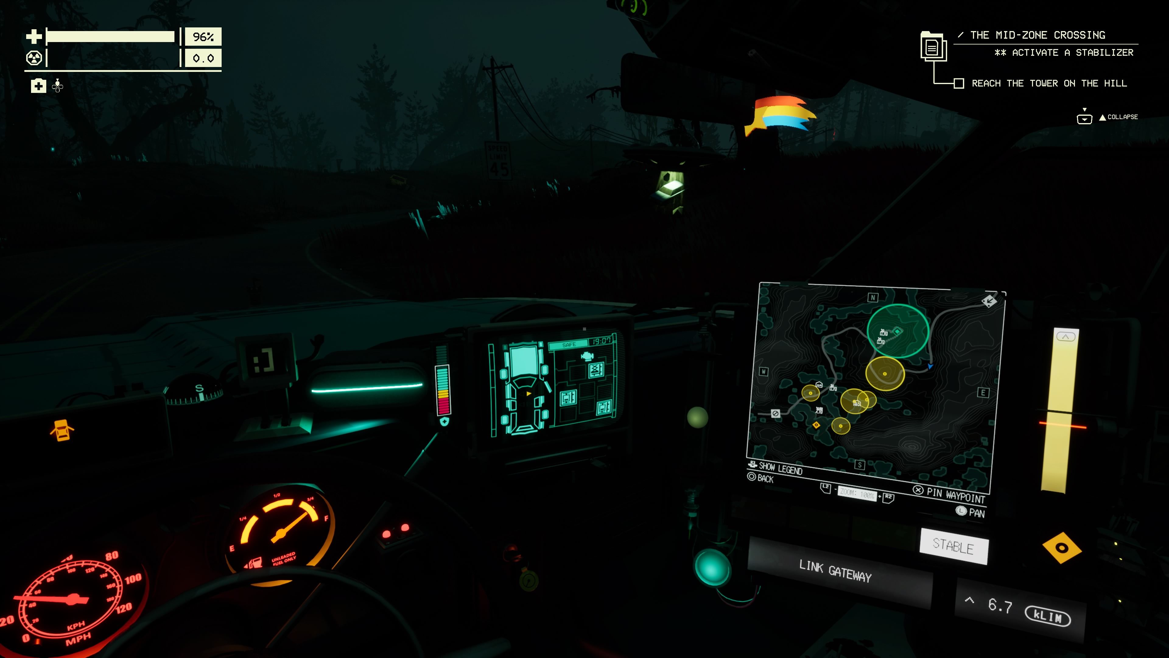 Player character looking at their car's map for the objective at the D2 Mires Junction in Pacific Drive.