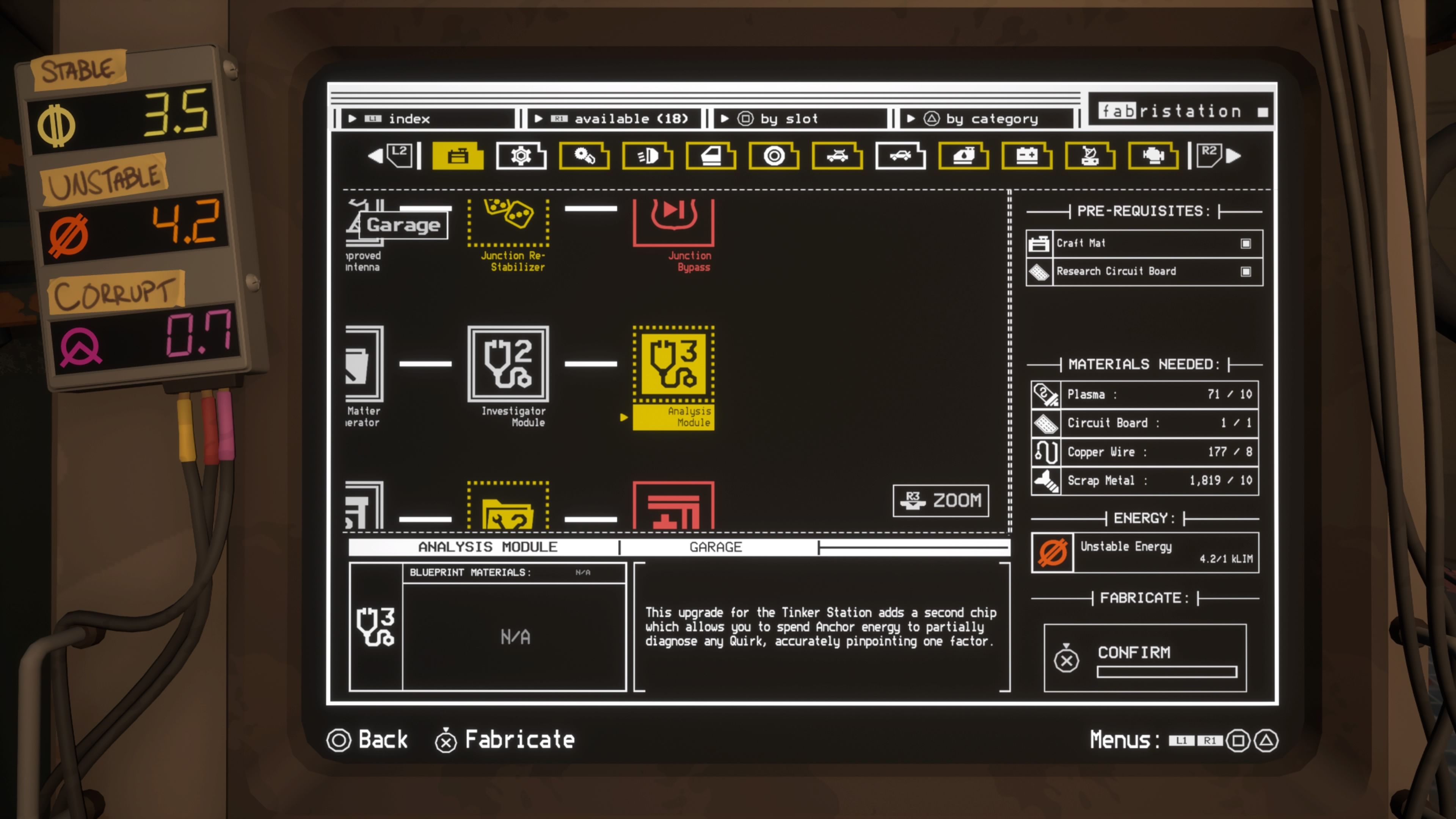 Looking into an upgrade tree in the Fabrication Station and focusing on the Analysis Module in Pacific Drive.
