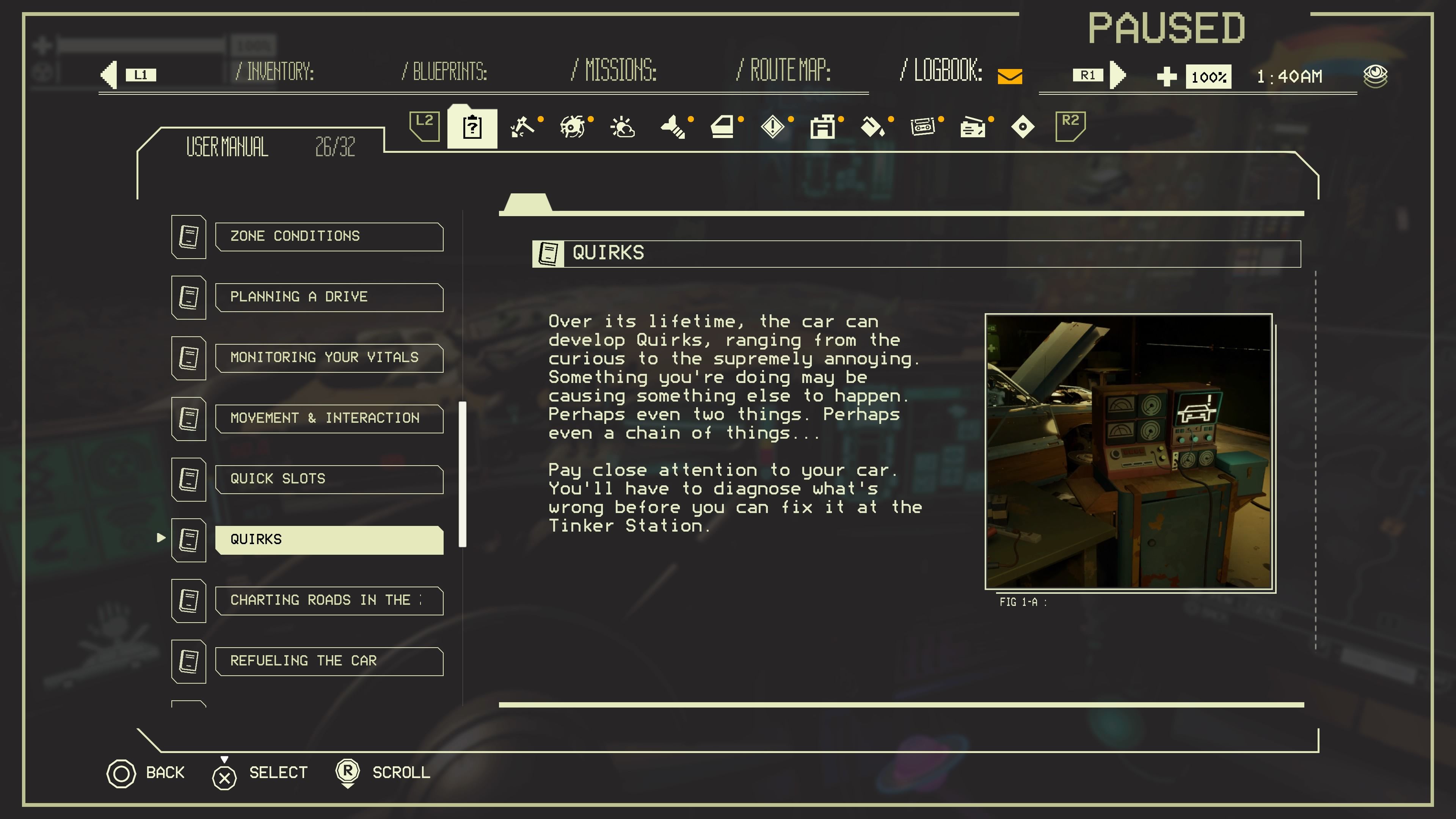 Logbook entry in the menu for Quirks which is describing what they are and has a small image of the Tinker Station in Pacific Drive.