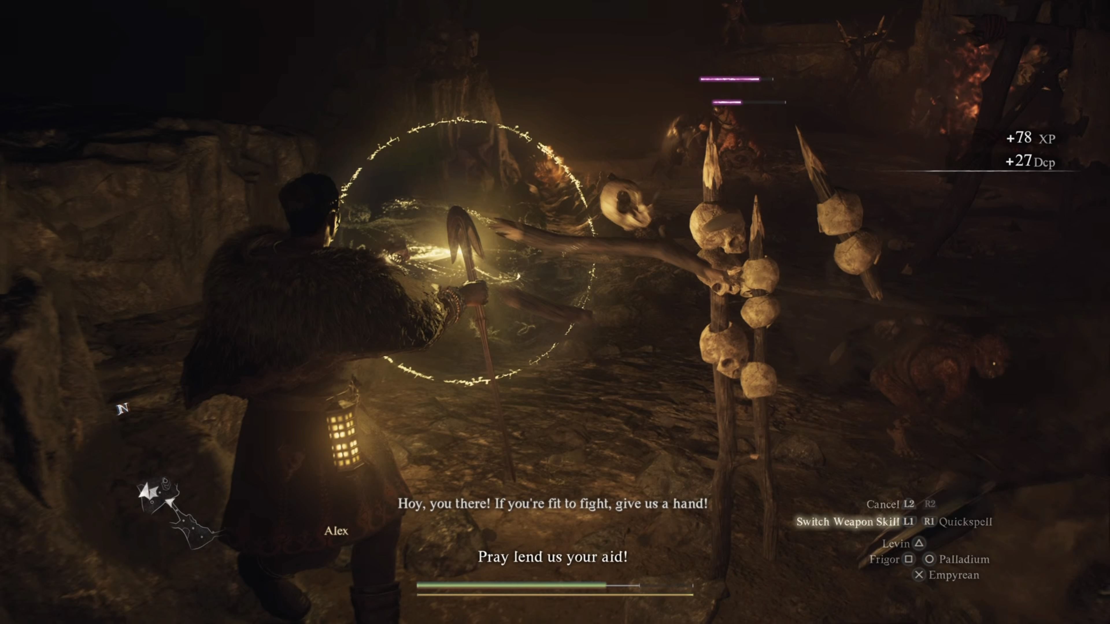 Player character casting a spell against a pack of goblins in Trevo Mine in Dragon's Dogma 2.
