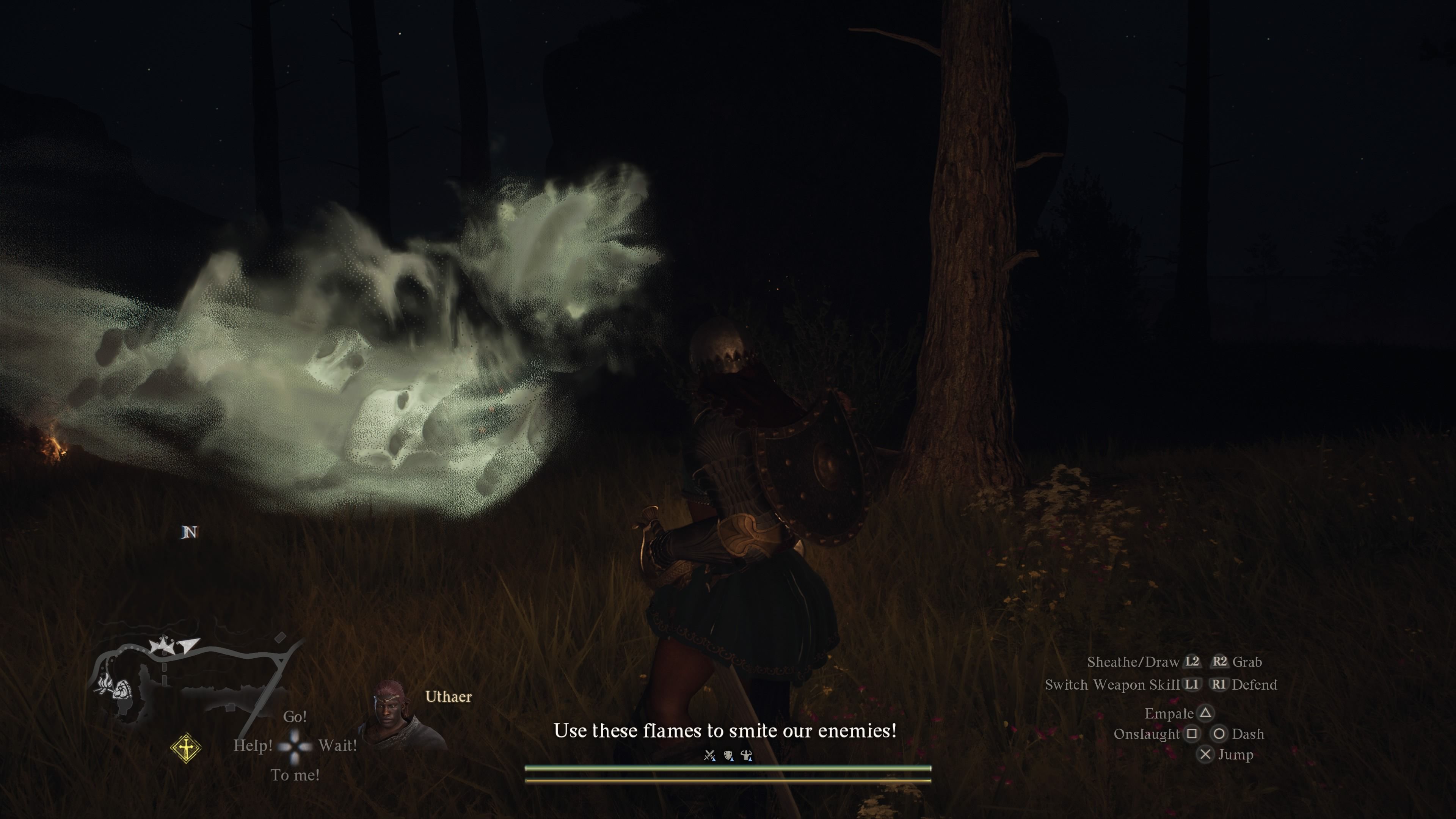 Player Arisen facing down a Phantom floating around them at night in Dragon's Dogma 2.