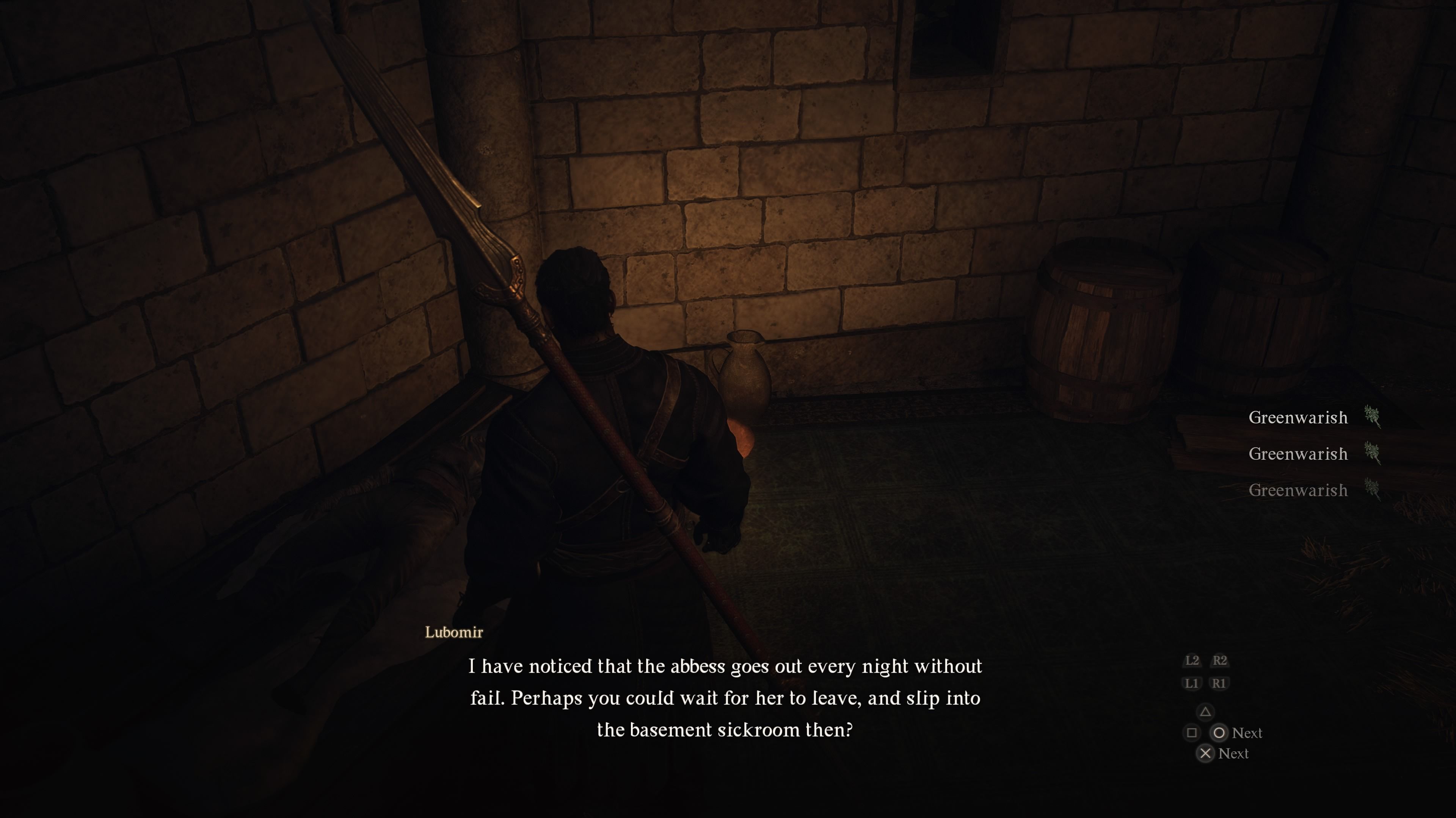 Lubomir laying in a bed and suggesting the Player Arisen visit the basement at night in Dragon's Dogma 2.