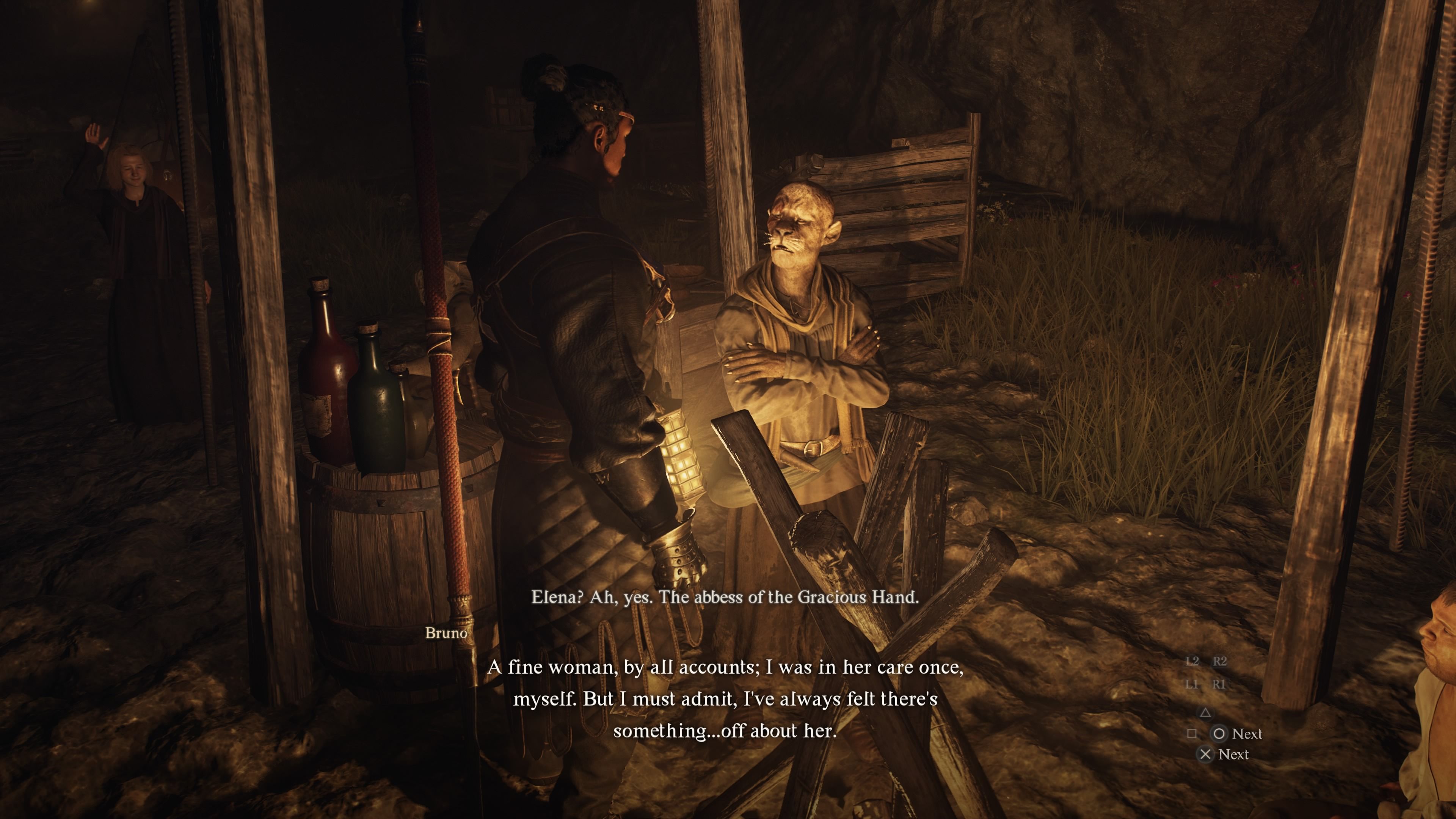 Player Arisen asking a beastmen named Bruno about Lady Elena in Dragon's Dogma 2.