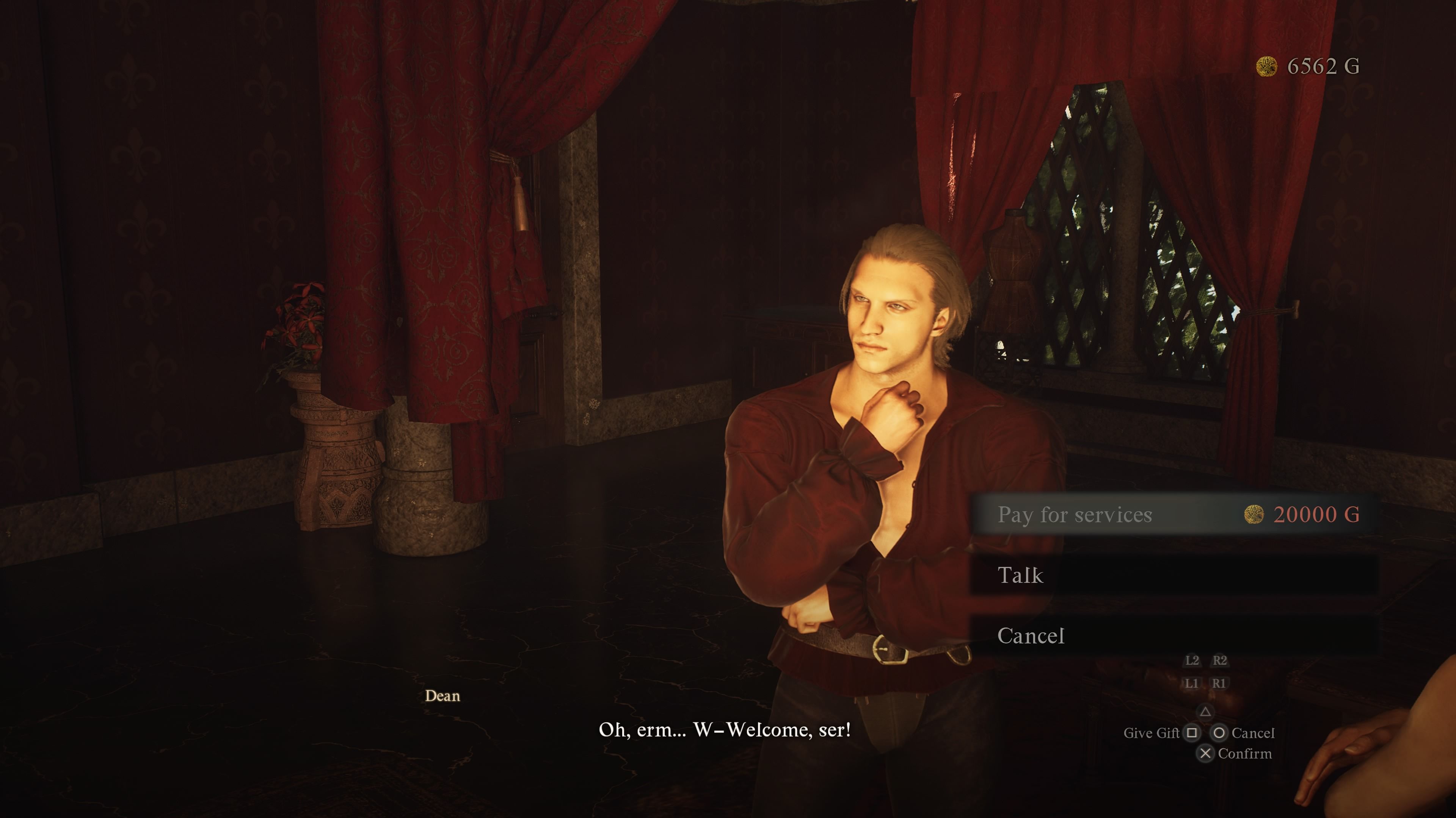 Player Arisen speaking to Dean at the Rose Chateau Bordelrie in Dragon's Dogma 2.