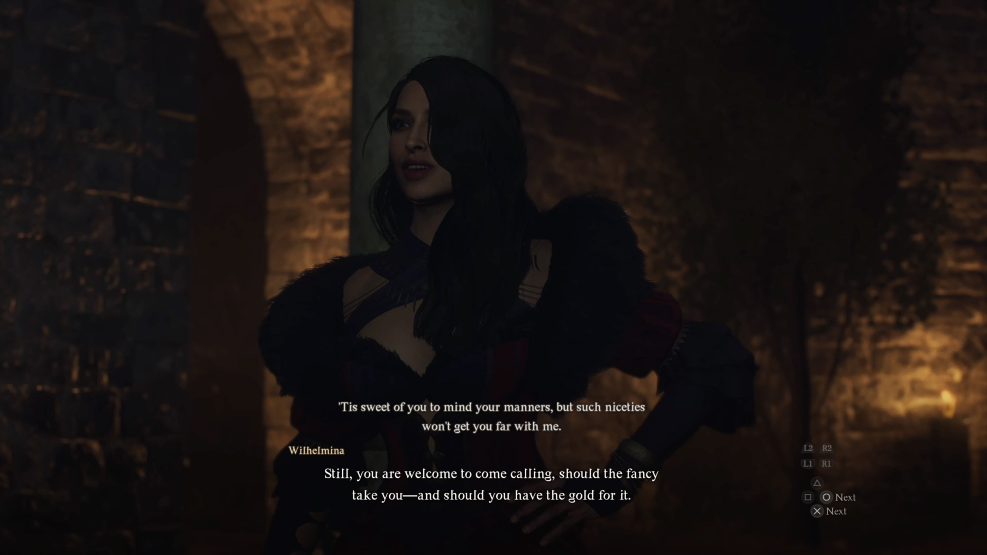 Player Arisen speaking with Wihelmina during An Unsettling Encounter after being rescued by her in Dragon's Dogma 2.