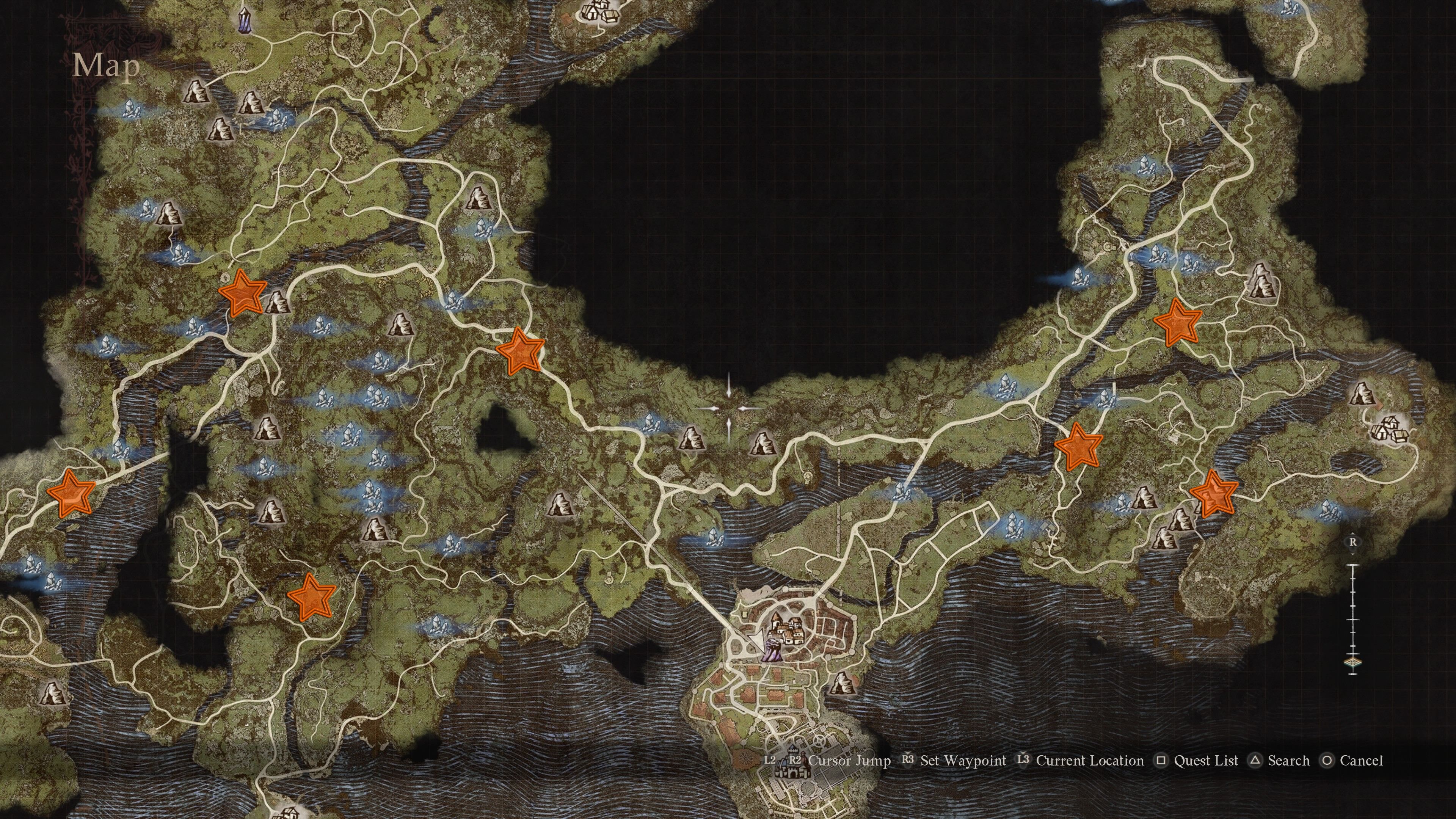 Zoomed out view of part of Vermund's map with several orange stars where Cyclops may spawn in Dragon's Dogma 2.