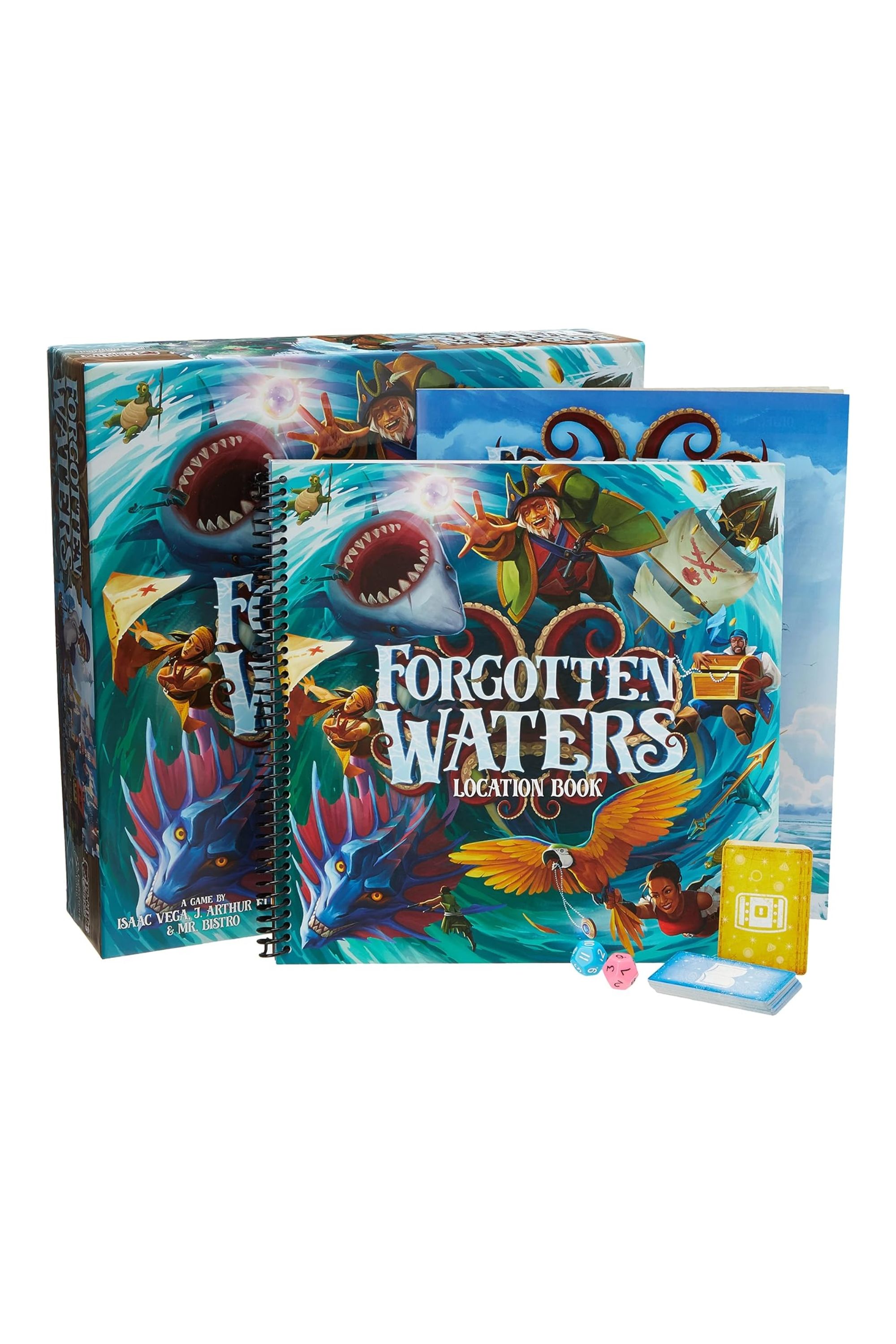Image of Forgotten Waters board game box and components