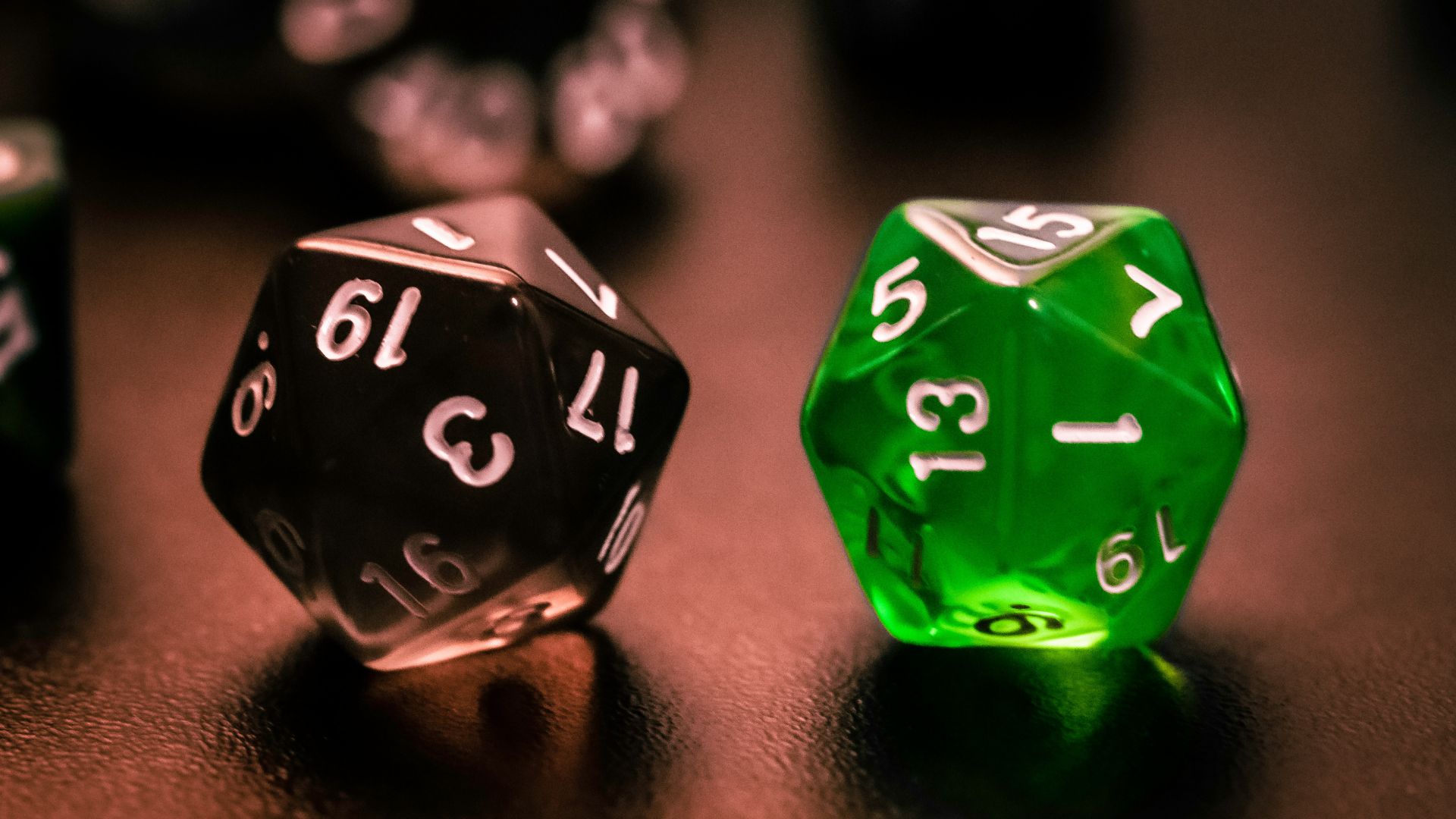 2 d20 in focus on a table